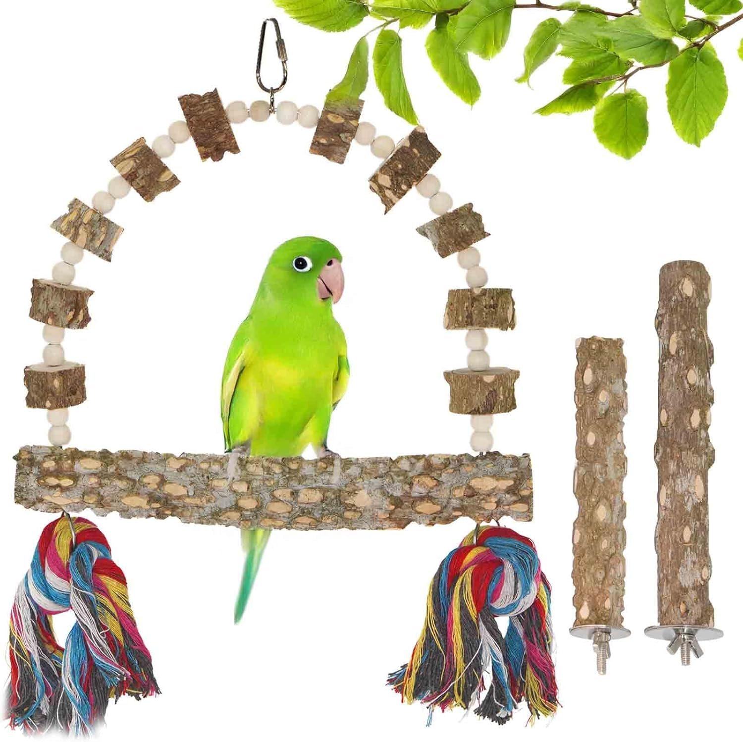 Bird Perch Swing, Large Natural Wood Parrot Toys, 1PC Parrot Swing and 2PCS Perches, Bird Cage Accessories