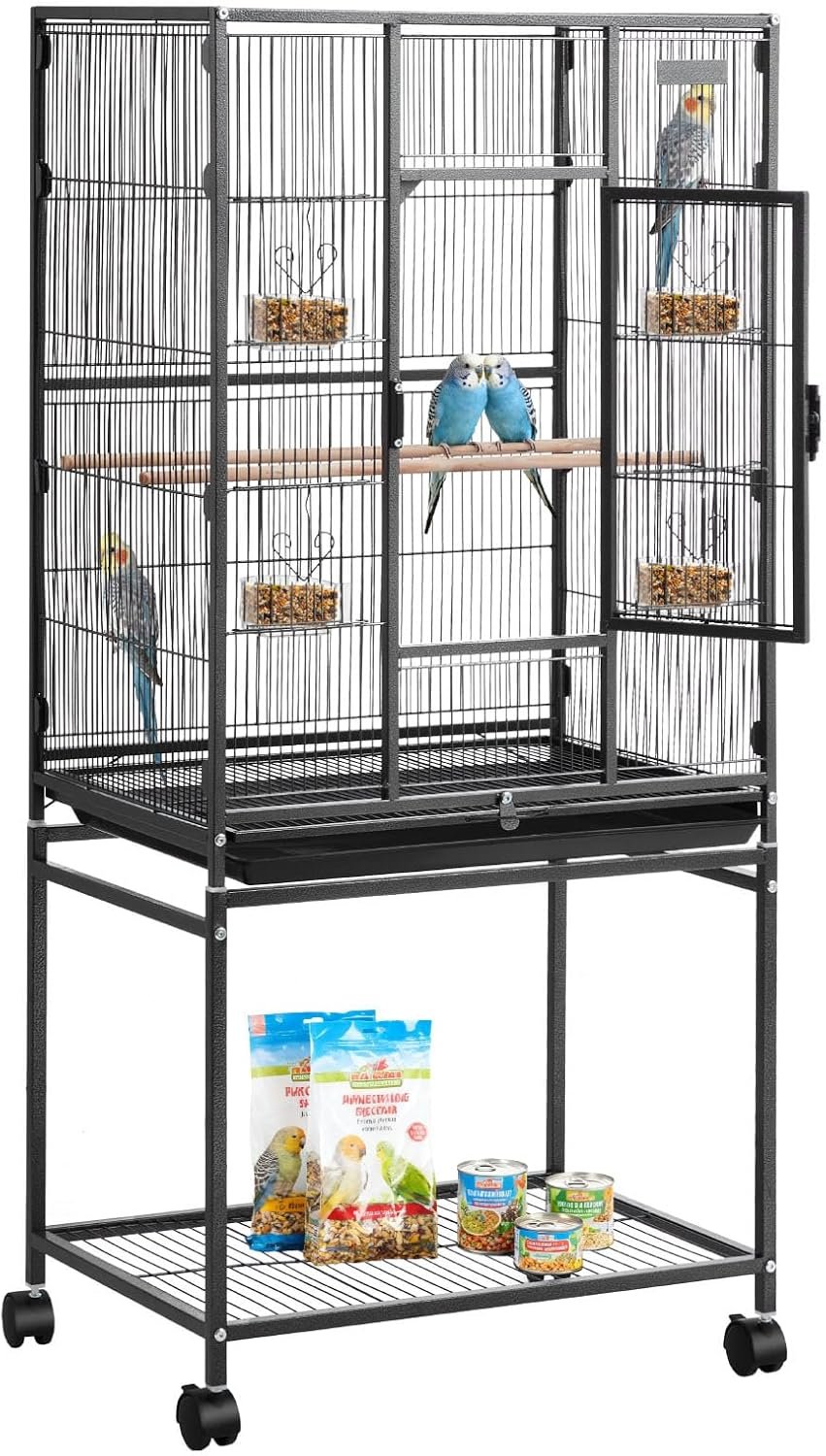 VEVOR Bird Cage, 24.6 x 16.7 x 53.9 inch, Flat Top, Wrought Iron Bird Flight Cage with Perches, Slide-Out Tray and Plastic Feeders, Casters, for Parrot, Blue Tit, Cockatiel, Canary, Budgerigar, Conure