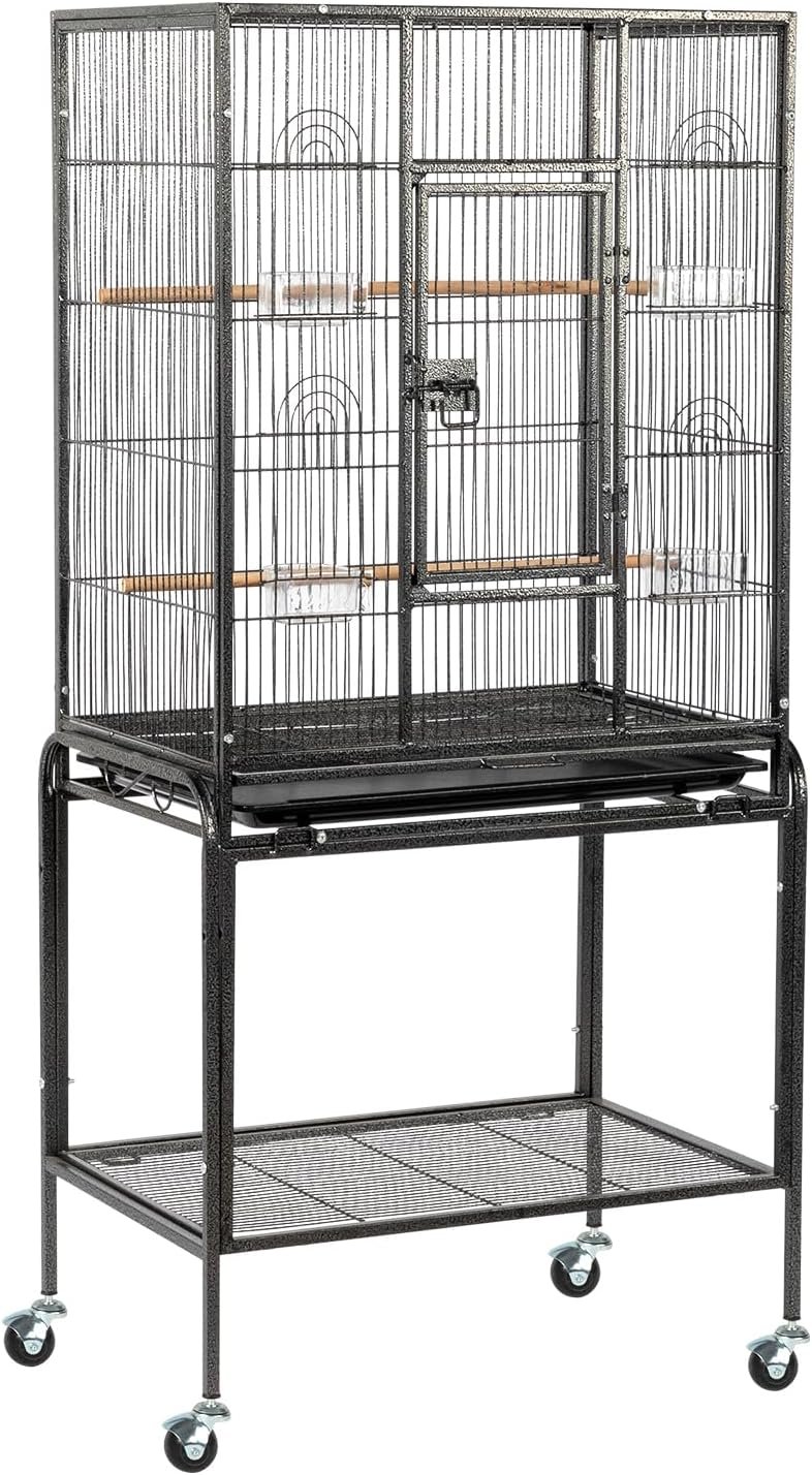 VINGLI Bird Cage with Wheels, Durable Wrought Iron Parakeet Cage with Slide Out Tray, Black Bird Cages for Parakeets/Lovebird/Cockatiels/Budgies and Other Small/Medium Birds (Large-53 inch)