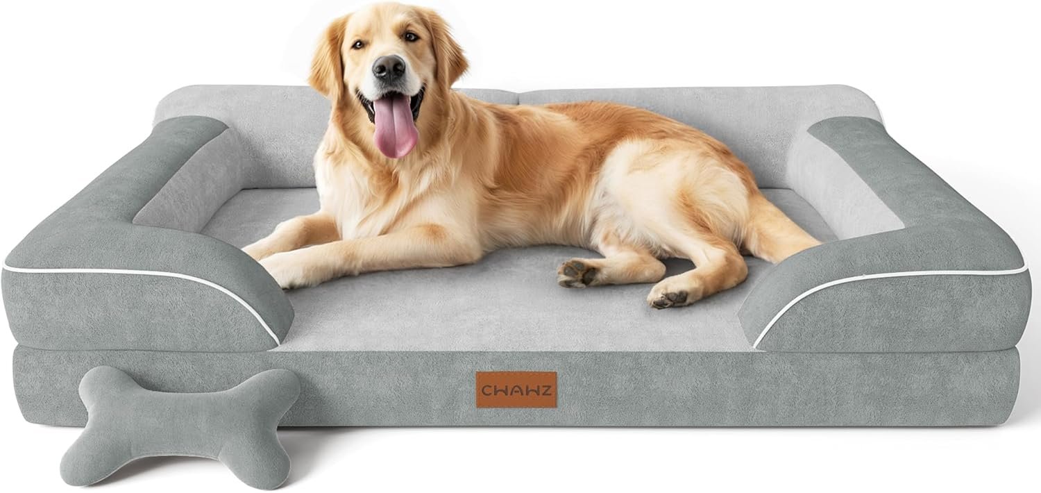 Extra Large Dog Bed, Orthopedic Dog Bed with Cooling Gel Memory Foam, Waterproof XL Pet Bed with Removable Washable Cover, 42″ Pet Sofa Couch Dutch Velvet with Bone Toy, Light Gray
