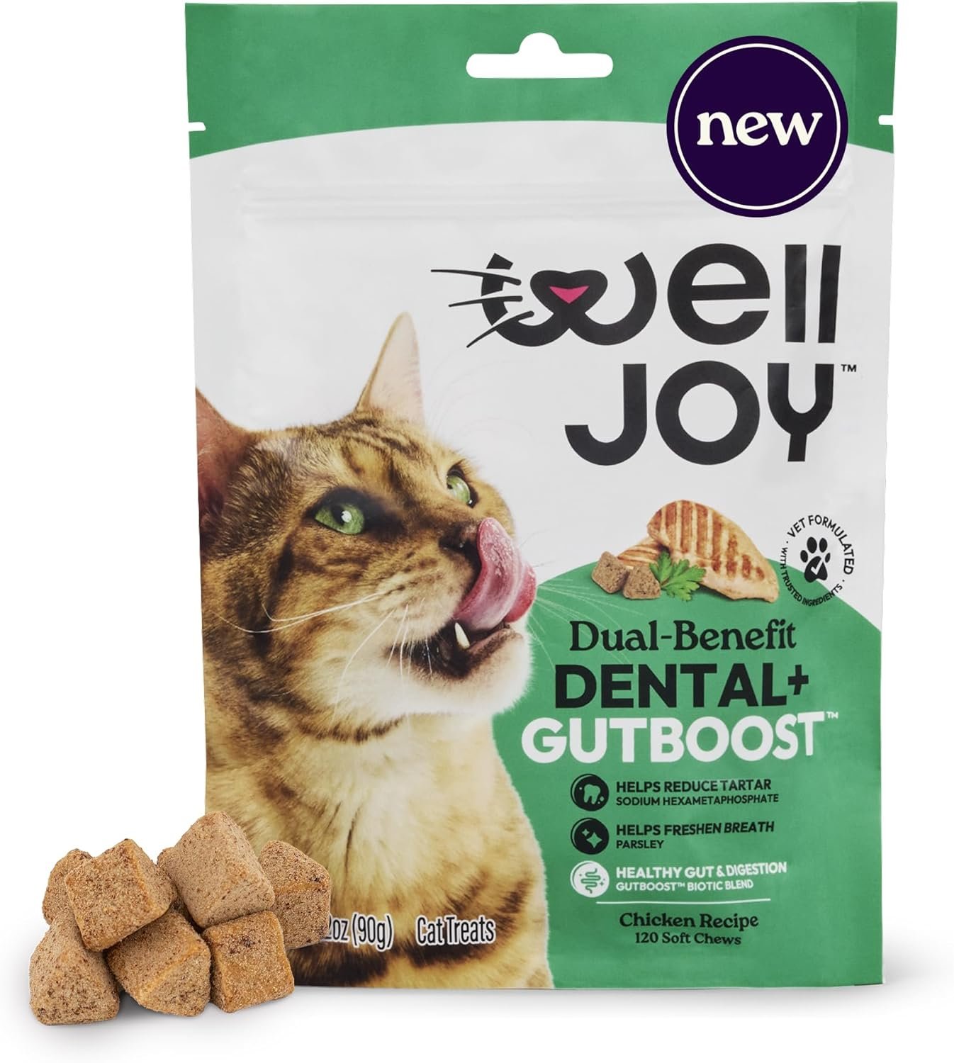 New! WellJoy Cat Treat Dental+ GutBoost | Helps Reduce Tartar | Helps Freshen Breath | Dual-Benefit GutBoost Formulation | Vet Formulated | Made in USA | Made with Real Chicken | 120 Soft Chews