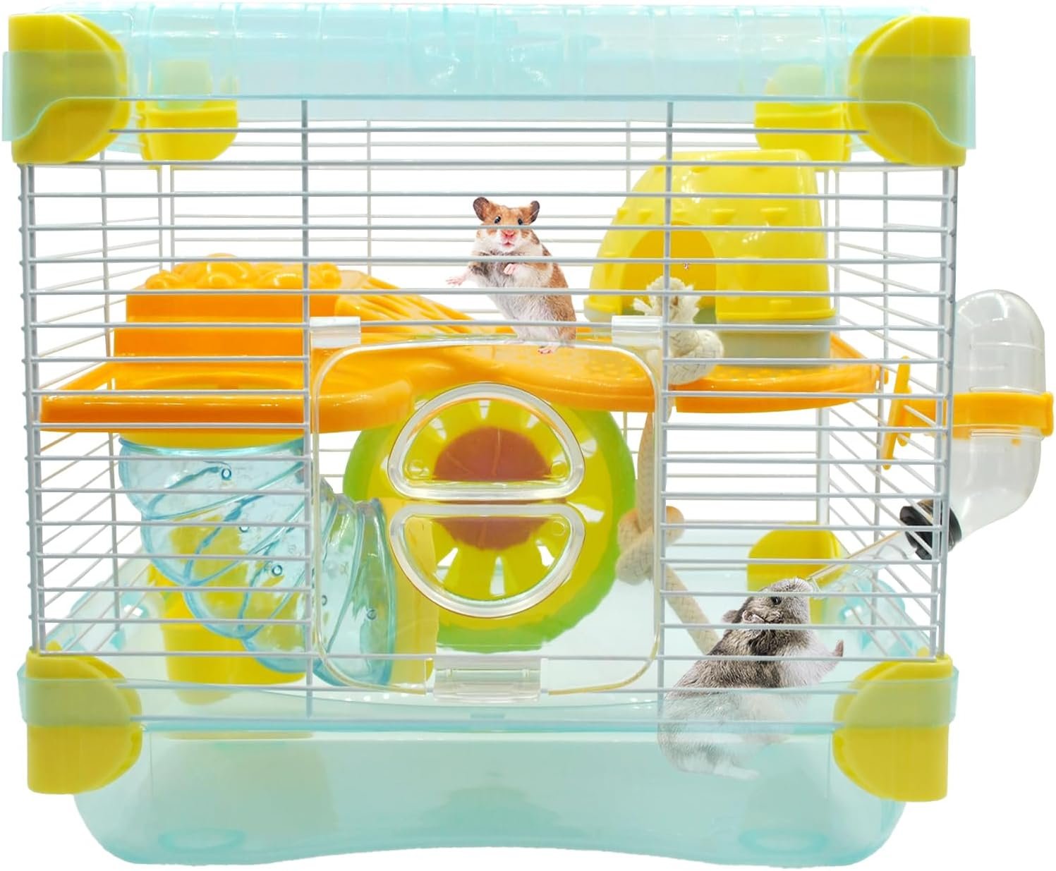 2 Layers Hamster Cage with Tubes Mouse Cage with Accessories Water Bottle Food Dish Transparent Hamster Habitat with Exercise Wheel for Hamster Guinea Pig Gerbil (10.9″ x 8.1″ x 9.8″ Blue)