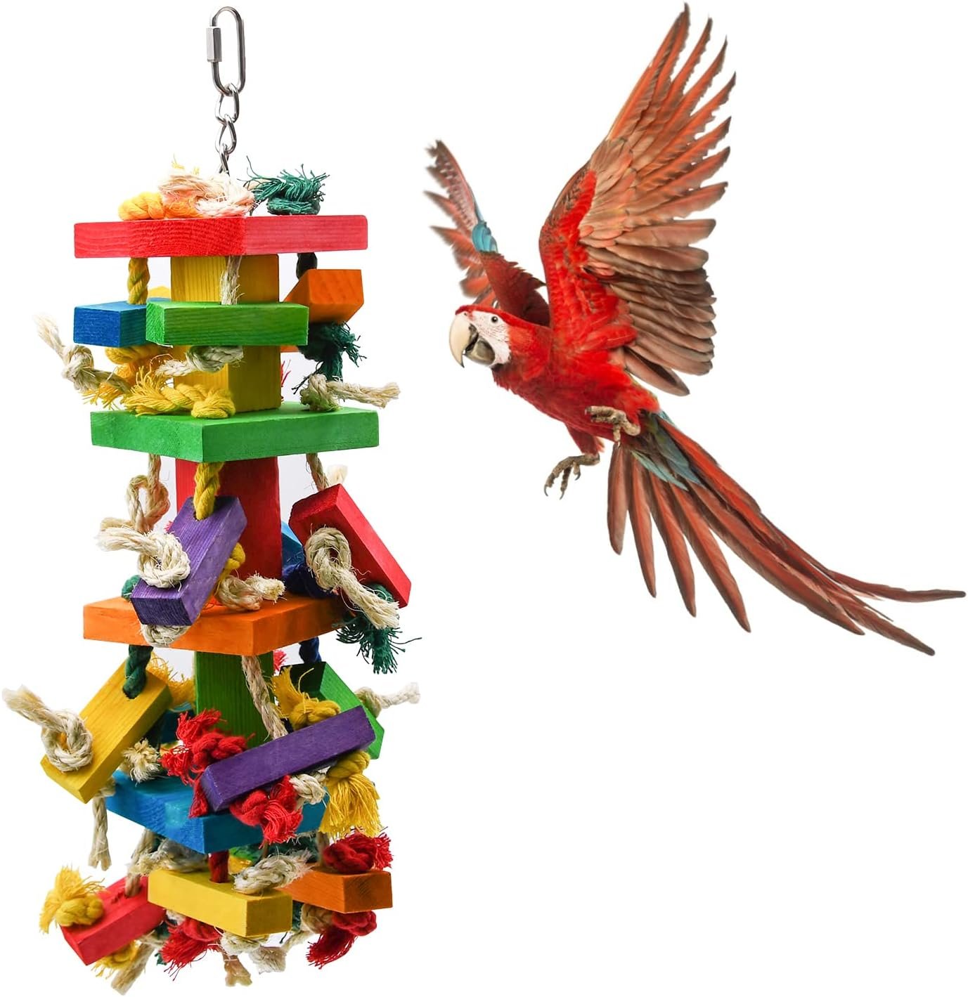 RUBY.Q Large Parrot Toy, 20in Bird Parrot Toy, Multicolored Natural Wooden Bird Chewing Toys for Large Macaws, African Grey and a Variety of Amazon Parrots