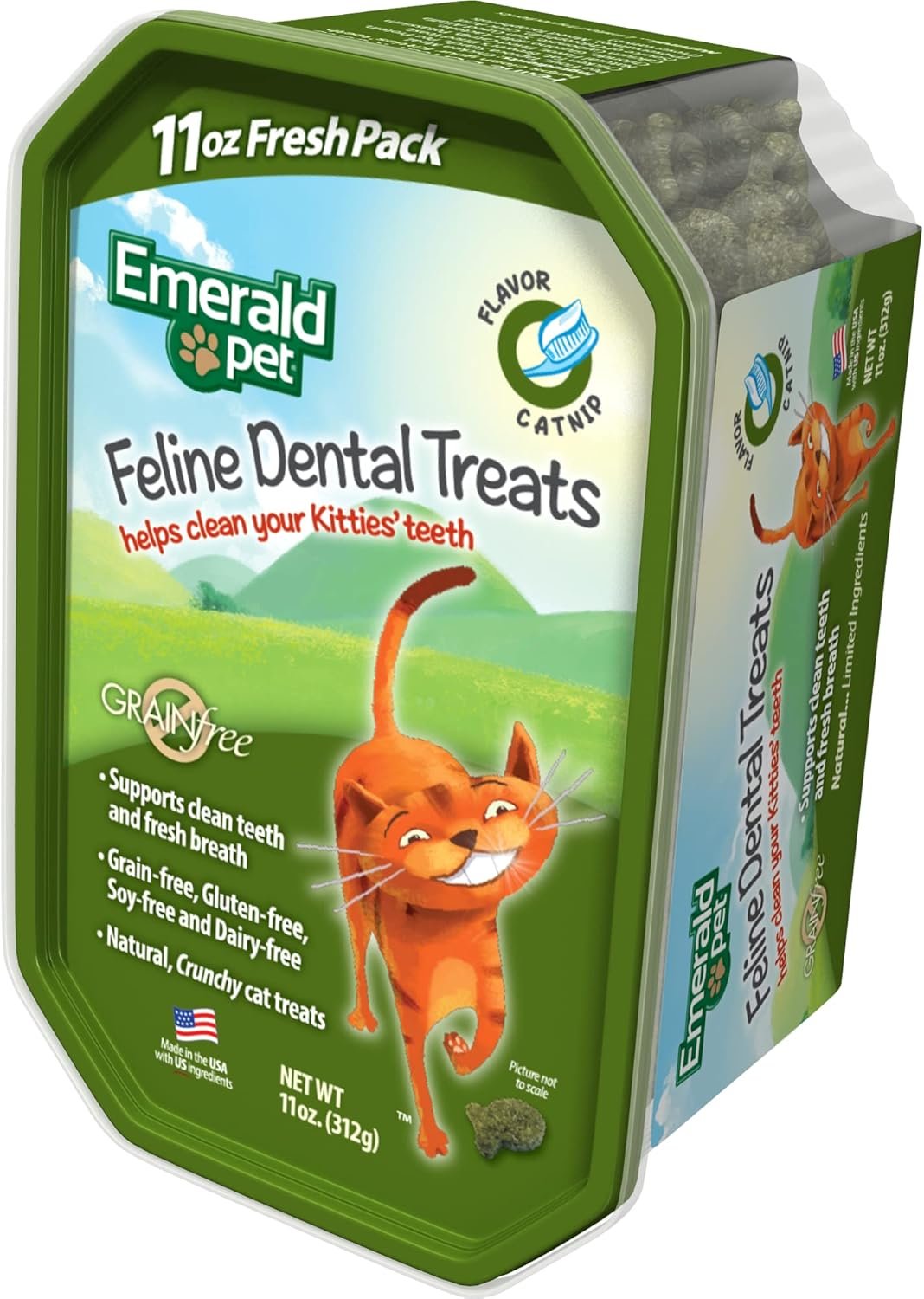 Emerald Pet Grain-Free Cat Dental Treats with Catnip – Crunchy Natural Dental Treats for Cats to Clean Teeth, Freshen Breath, and Reduce Plaque & Tartar – 11 oz Tub