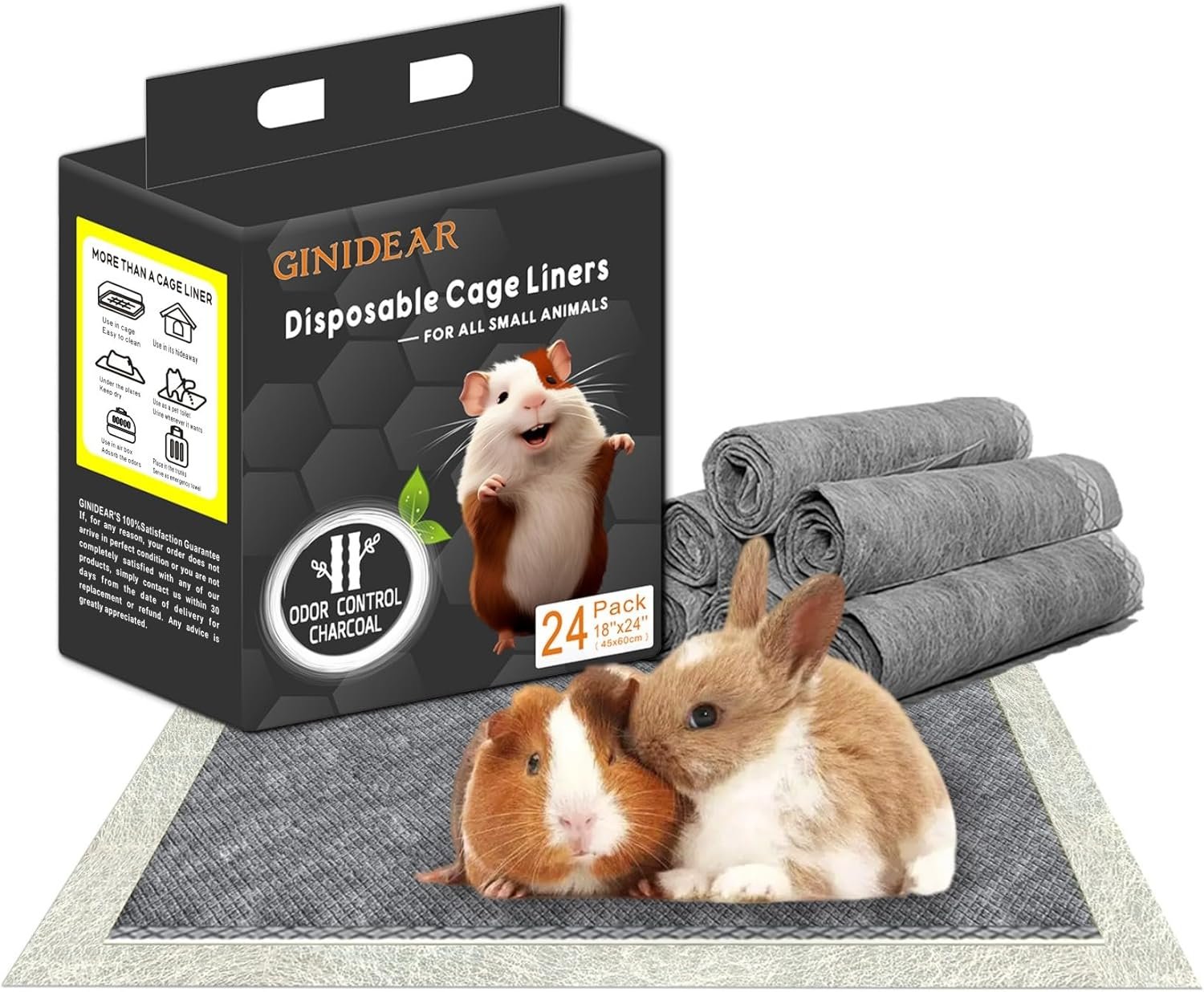 Guinea Pig Bedding, Disposable Guinea Pig Cage Liners, Charcoal Odor Controlling Absorbent Waterproof Pee Pads for Rabbits, Hamster and Other Small Animals. 18”x24”,24 Count