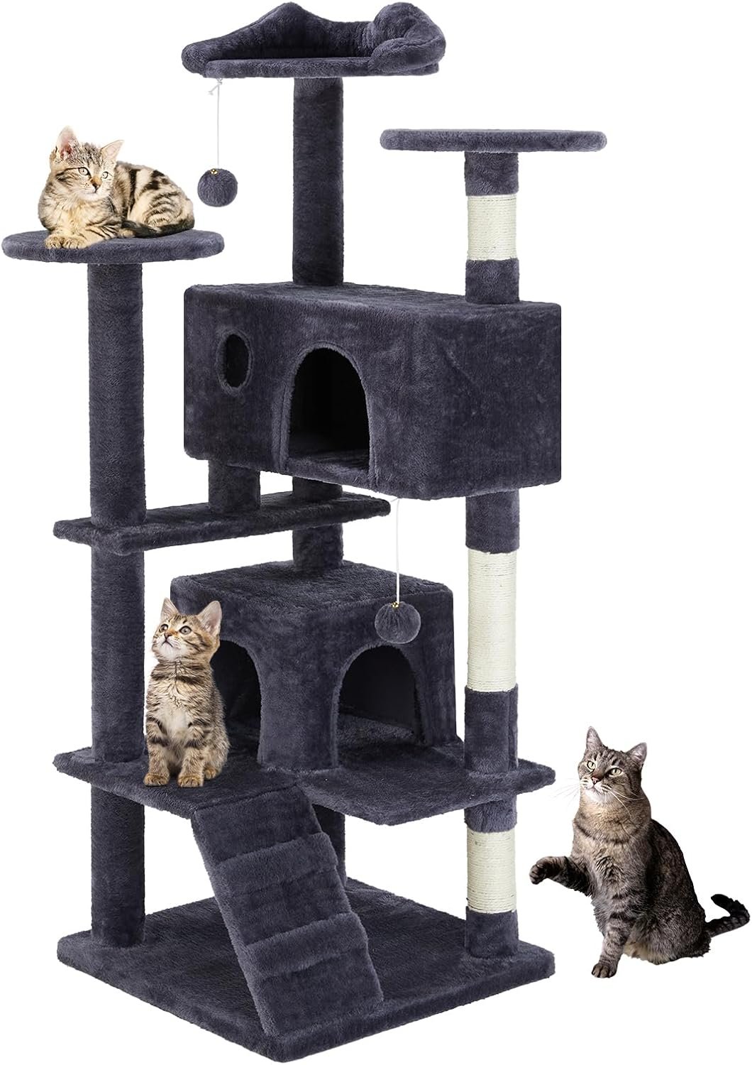 Sweetcrispy 54 Inch Cat Tree Tower, Multi-Level Tower with Cat Scratching Post, Indoor Cat Condo with Climbing Ladder, Plush Toy, Play House for Cat, Dark Grey