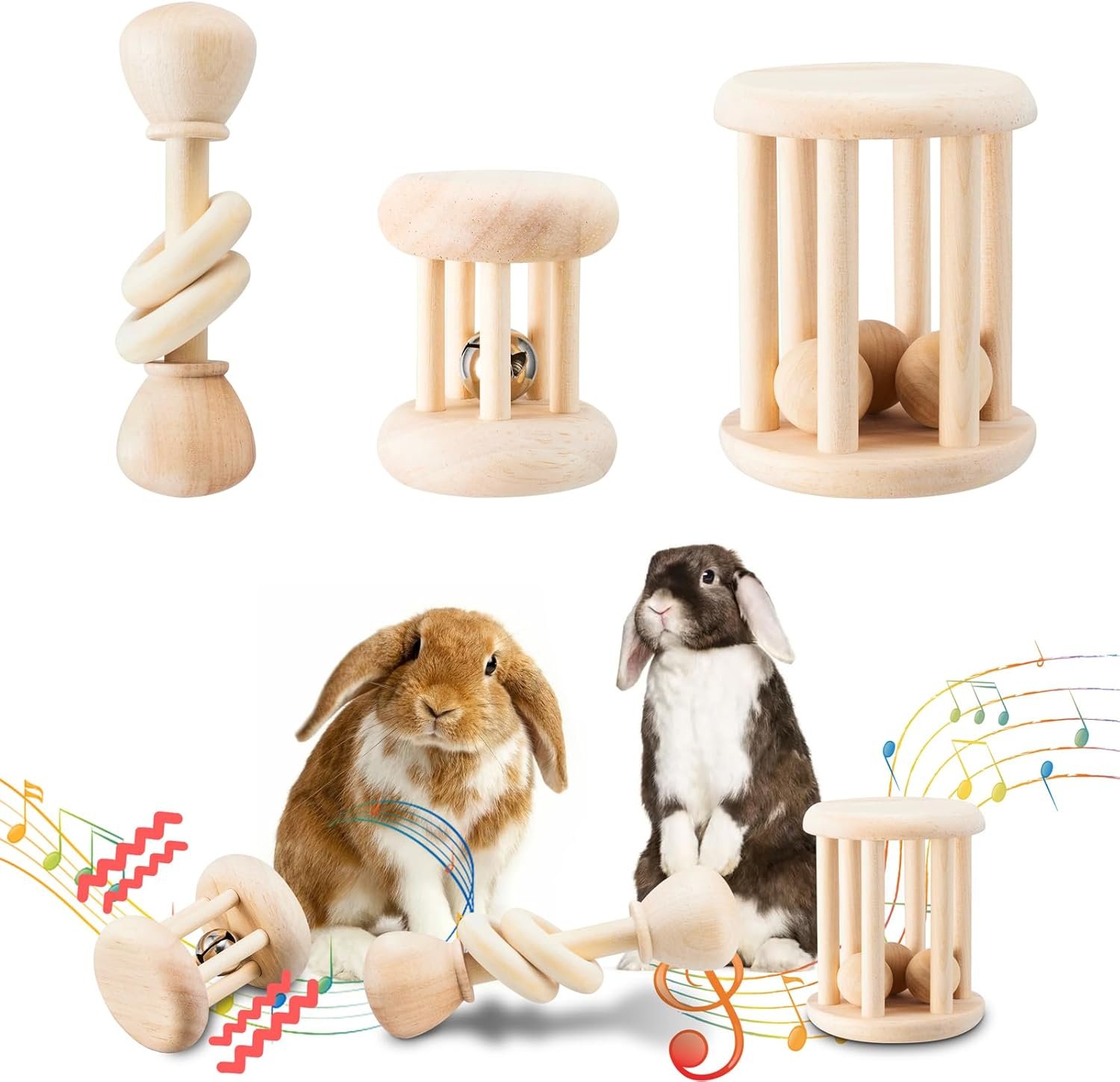 3 Pcs Wooden Bunny Toys – Safe Rabbit & Guinea Pigs Teeth Grinding Toys for Chinchillas, Hamsters & Small Animals – Indoor & Outdoor