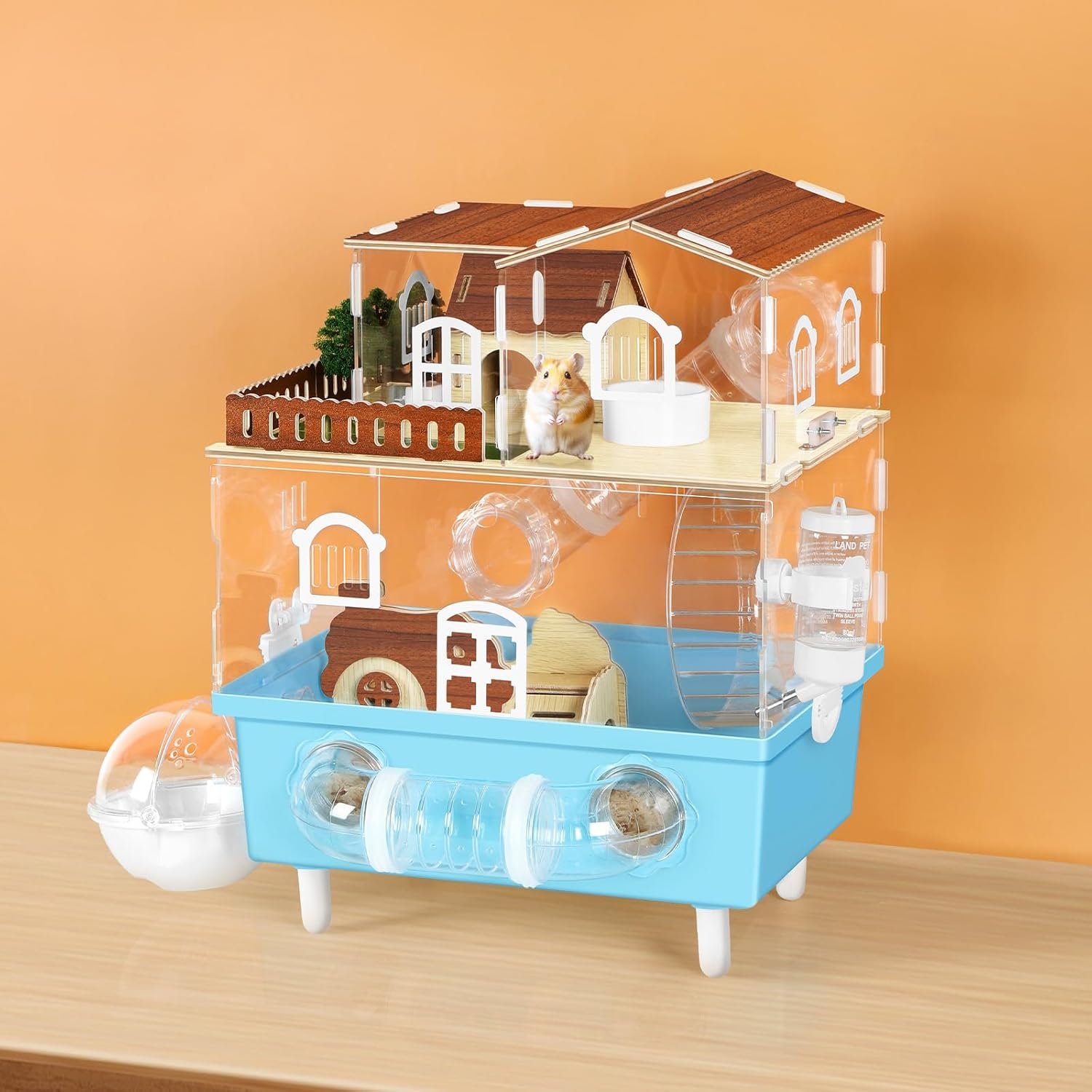 Large Hamster Cage 2 Tier Acrylic Hamster Habitat with Hideout & Running Wheel Blue Dwarf Hamster House for Dwarf Gerbils Syrian Hamsters, Blue, 13.3”L* 9.8”W* 17.4”H