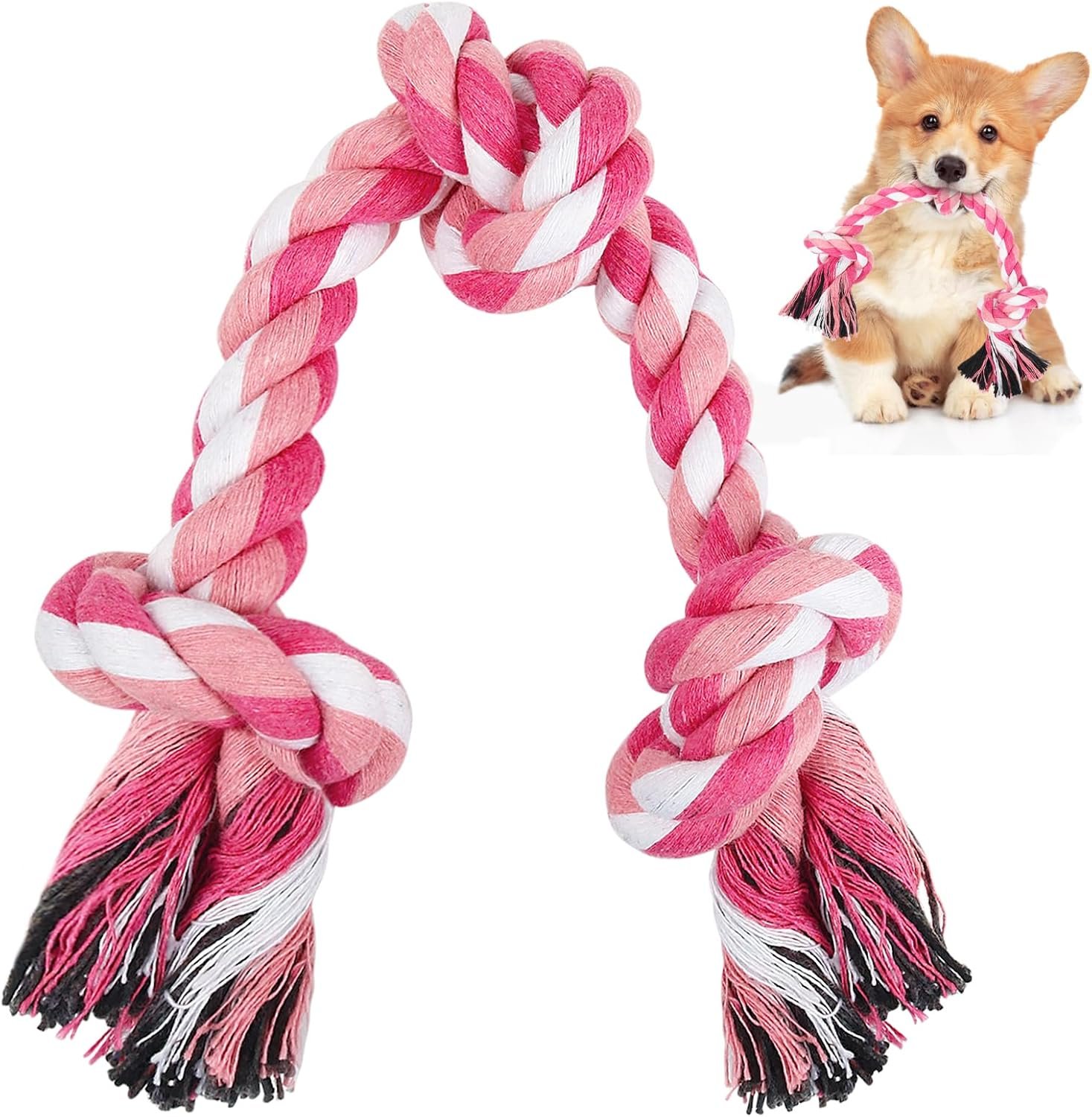 SZEE Dog Rope Toy, 14 in 3 Knots Chew Rope for Small Medium Dogs, Natural Cotton Pull Toy for Tug of War and Teeth Cleaning, Fits Valentine’s Day Vibe (Pink)