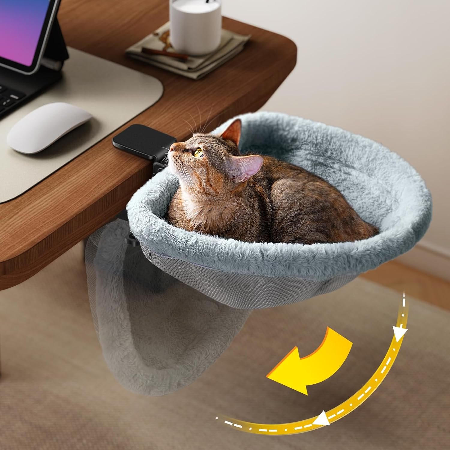 Cat Desk Bed – One-Click Folding,Sunken Design & Space-Saving Semi-Circular Cat Bed, Soft Faux Rabbit Fur Material, Suitable for Various Desktops-Maximum Hold Up to 40lb