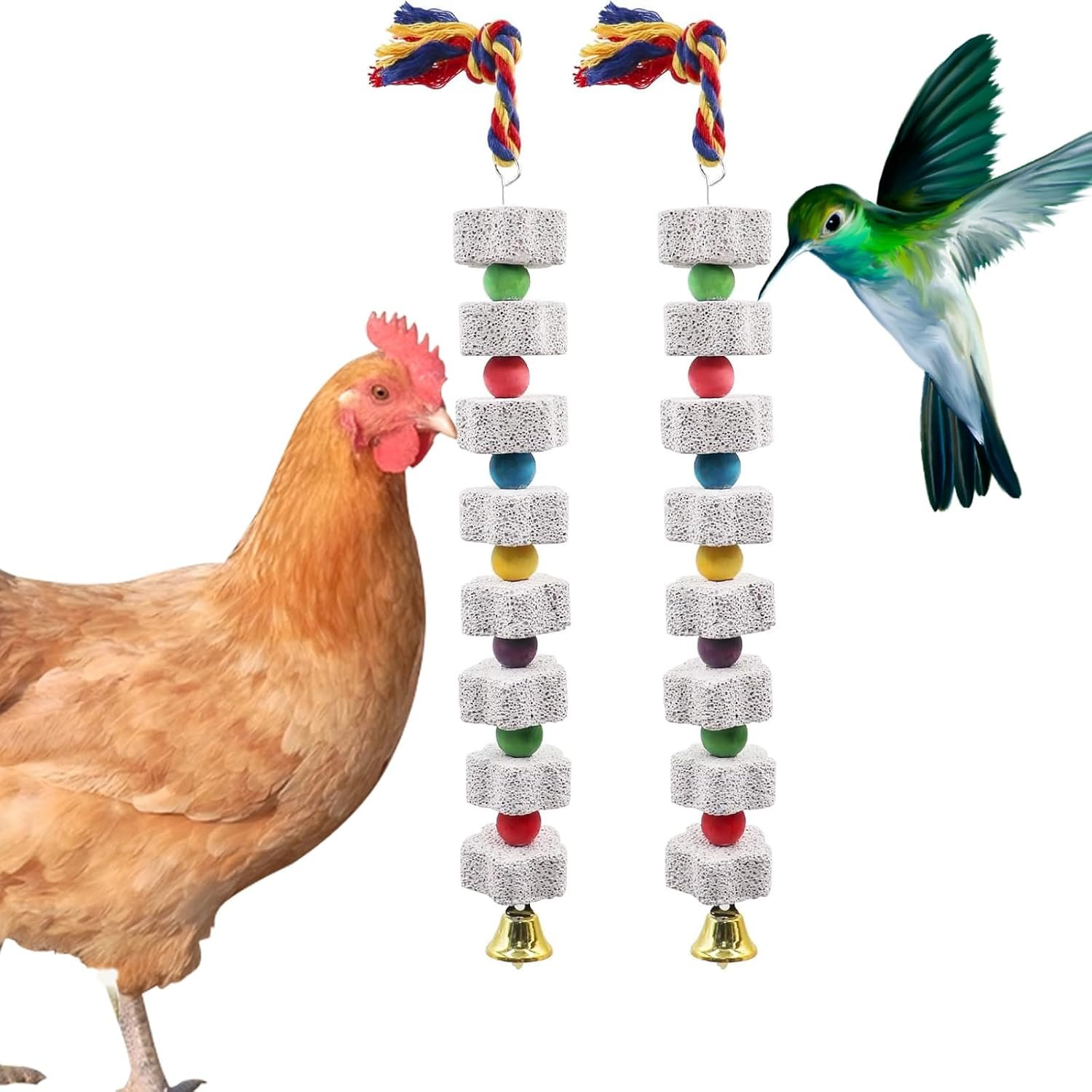 2 Pack Mineral Block Chicken Chewing Toy, KABASI Bird Beak Grinding Calcium Stone with Bells, Chicken Coop Accessories for African Grey, Budgies Cockatiels Parrot Hens Geese Ducks Hamster Rabbit
