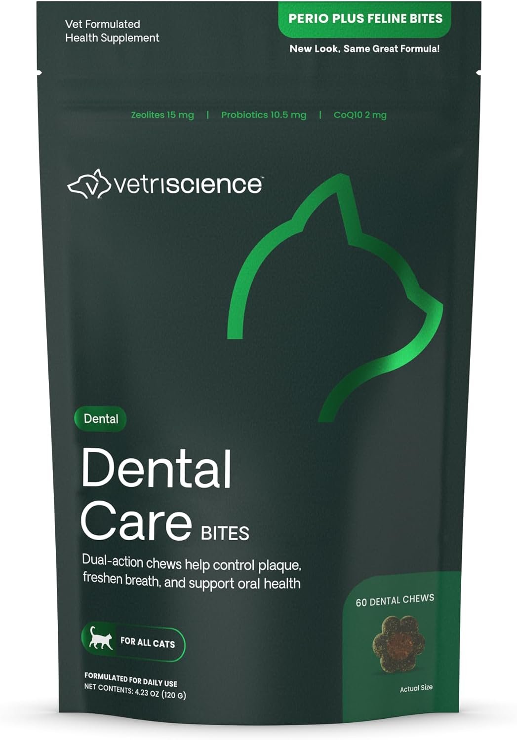 VetriScience Perio Plus Cat Teeth Cleaning Bites – Advanced Cat Breath Freshener – Dual Action Cat Dental Care Formula for Plaque Control & Fresh Breath, 60 Chews, Chicken Flavor​