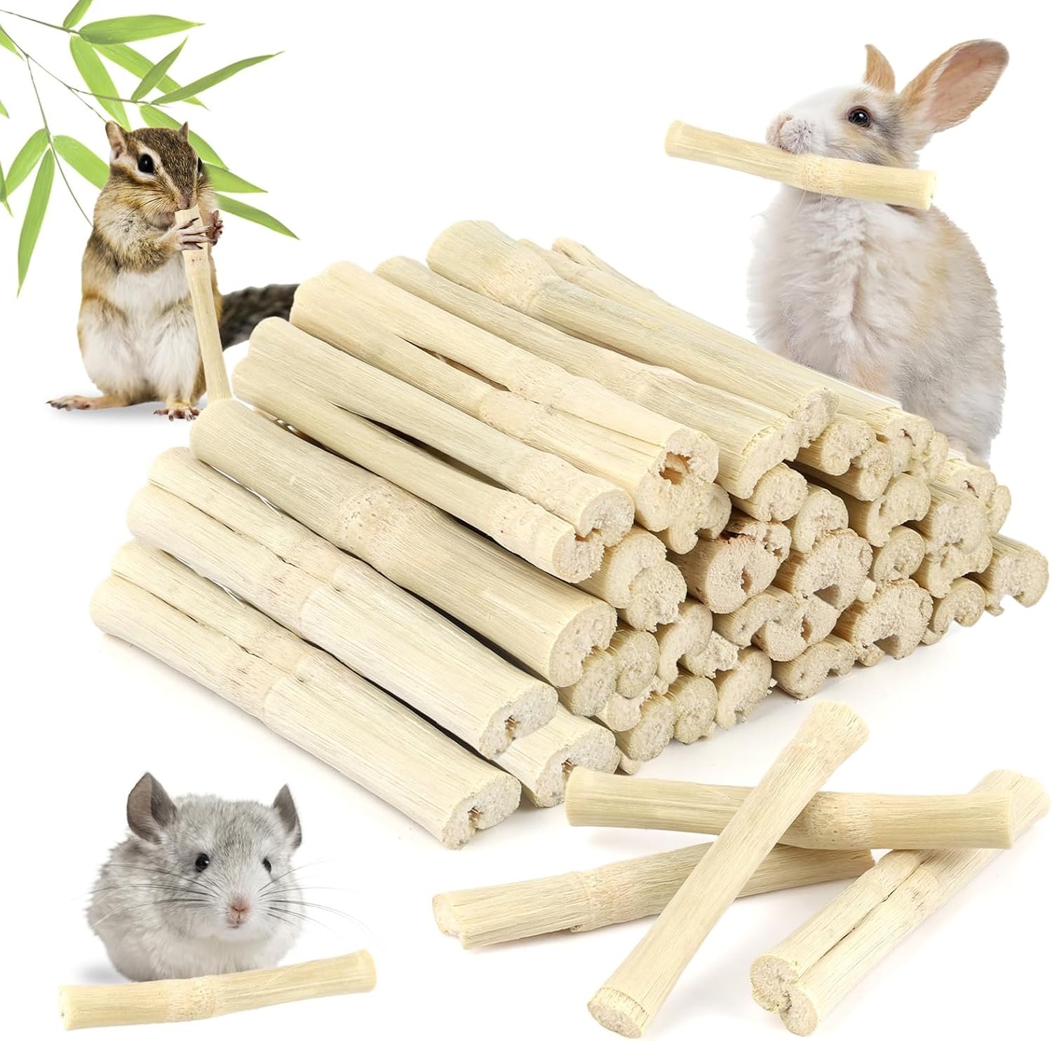 PEASUG 300g Sweet Bamboo Chew Sticks for Rabbits, Natural Bunny Chinchilla Chew Sticks Toys, Small Animal Teeth Grinding Toys and Molar Treats for Chinchilla, Guinea Pigs, Squirrel, Hamster