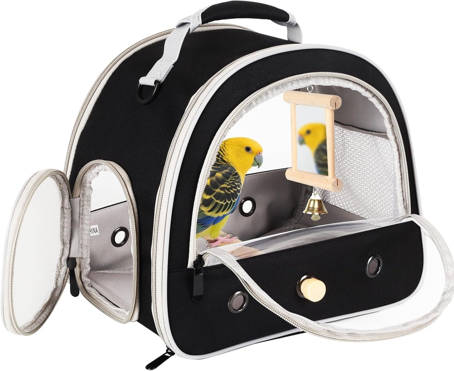 Parrot Travel Cage Carrier with Bird Cage Bells Mirror Set,Portable Small Bird Parakeet Bag with Standing Perch and Comfy Mat Bird Carry Transport Bag with Clear Window Outdoor Adventure