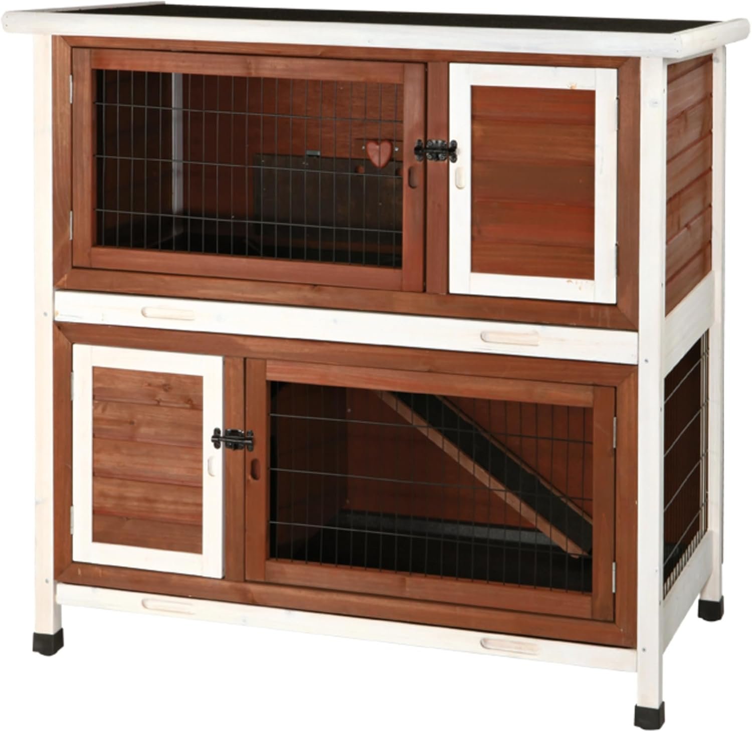 TRIXIE natura Outdoor Double Rabbit Hutch – Indoor Small Animal House, Bunny Cage with Two Sleeping & Play Areas – Includes a Non-Slip Ramp Hinged Roof & Two Pull-Out Trays – in Auburn