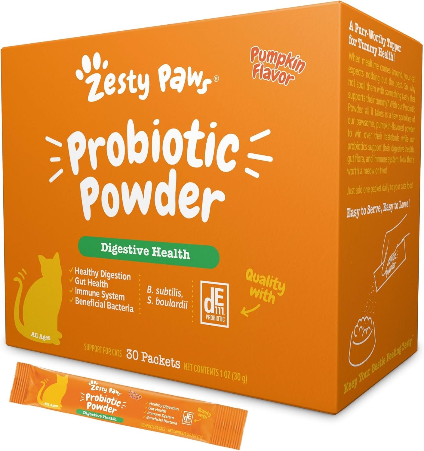 Zesty Paws Probiotics for Cats – Powder Meal Topper for Digestive, Immune System Support for Feline Biome – Premium DE111 Cat Probiotics for Digestive Health – Fiber & Yeast Extract – Pumpkin – 30 Ct