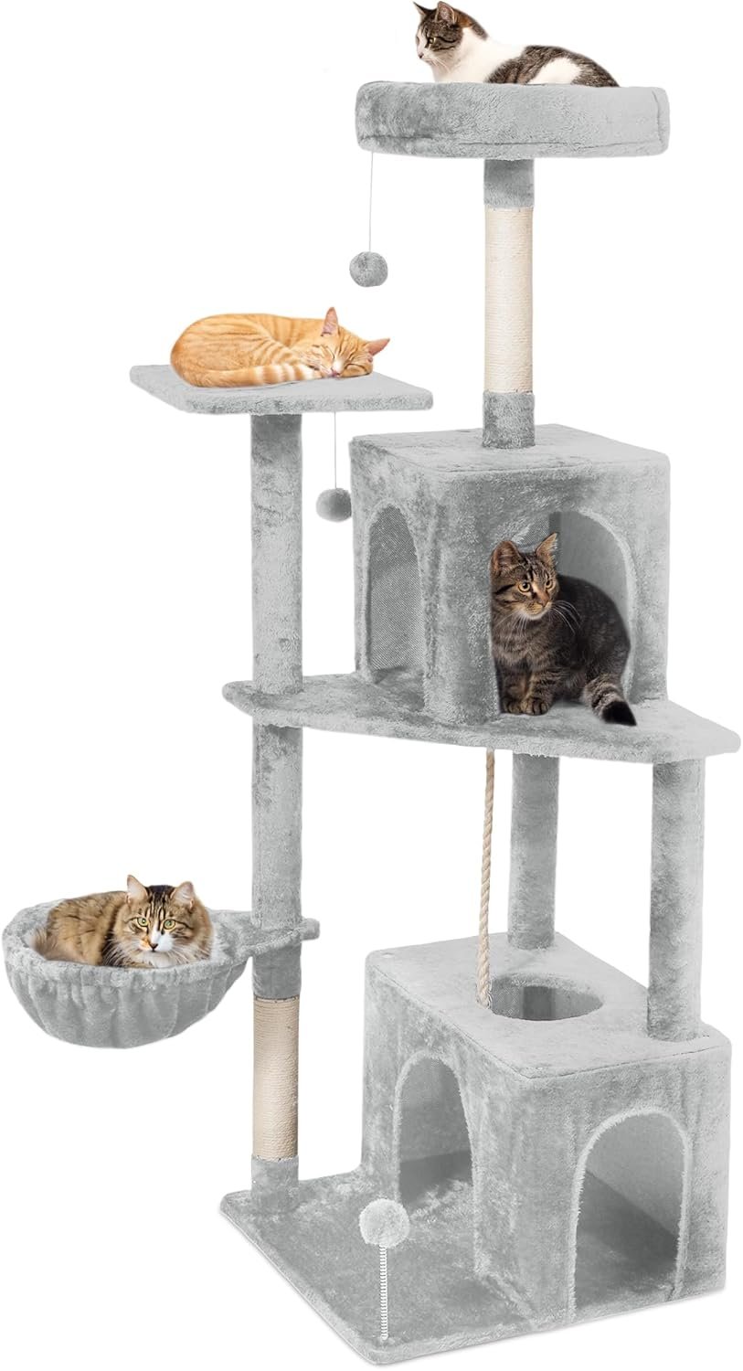 Cat Tree, 54-Inch Cat Tower for Indoor Cats,Plush Multi-Level Cat Condo with Scratching Posts, Basket, Perches (Light Grey01)