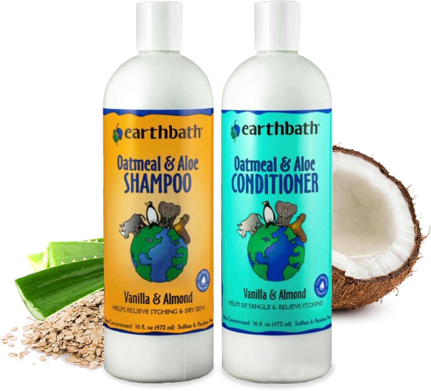 earthbath, Oatmeal & Aloe Dog Shampoo and Conditioner – Oatmeal Shampoo for Dogs, Itchy, Dry Skin Relief, Dog Wash, Made in USA, Dog Conditioner, Pet Shampoos – Vanilla & Almond, 16 Oz (1 Set)