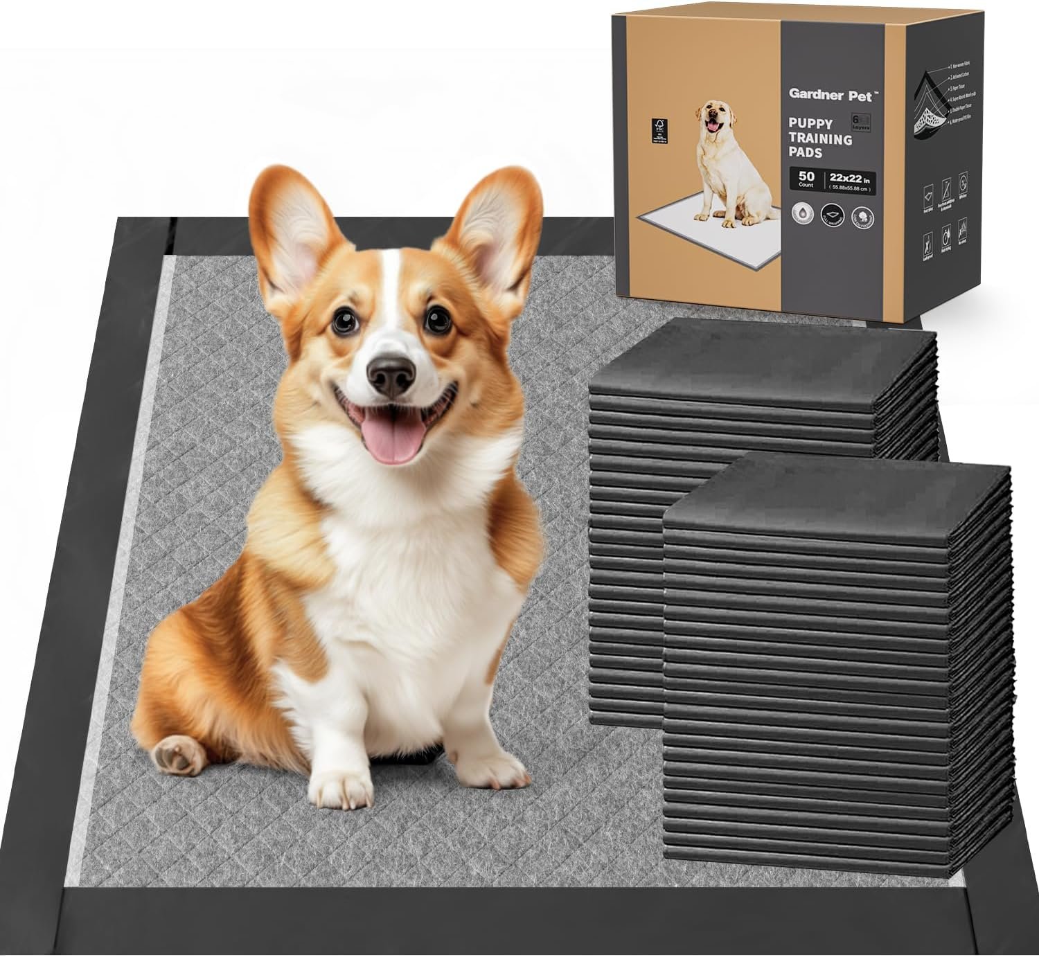 Charcoal Puppy Pads Rugular 22×22 Inches Small Dog Pee Pads Odor-Control & Leak-Proof Disposable Pet Training Edge-Wrapping Thicken Potty Pad for Dogs, Cats, Rabbits (50 Pieces)