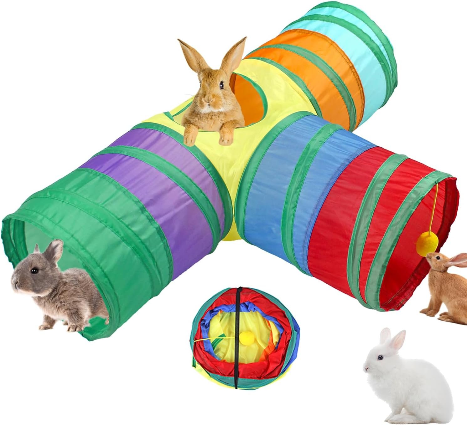 Rabbit Tunnel Collapsible 3 Way Tunnels and Tubes with Interactive Ball Bunny Hideout – Small Animal Activity Tunnel Toys for Dwarf Rabbit, Guinea Pig, Kitty