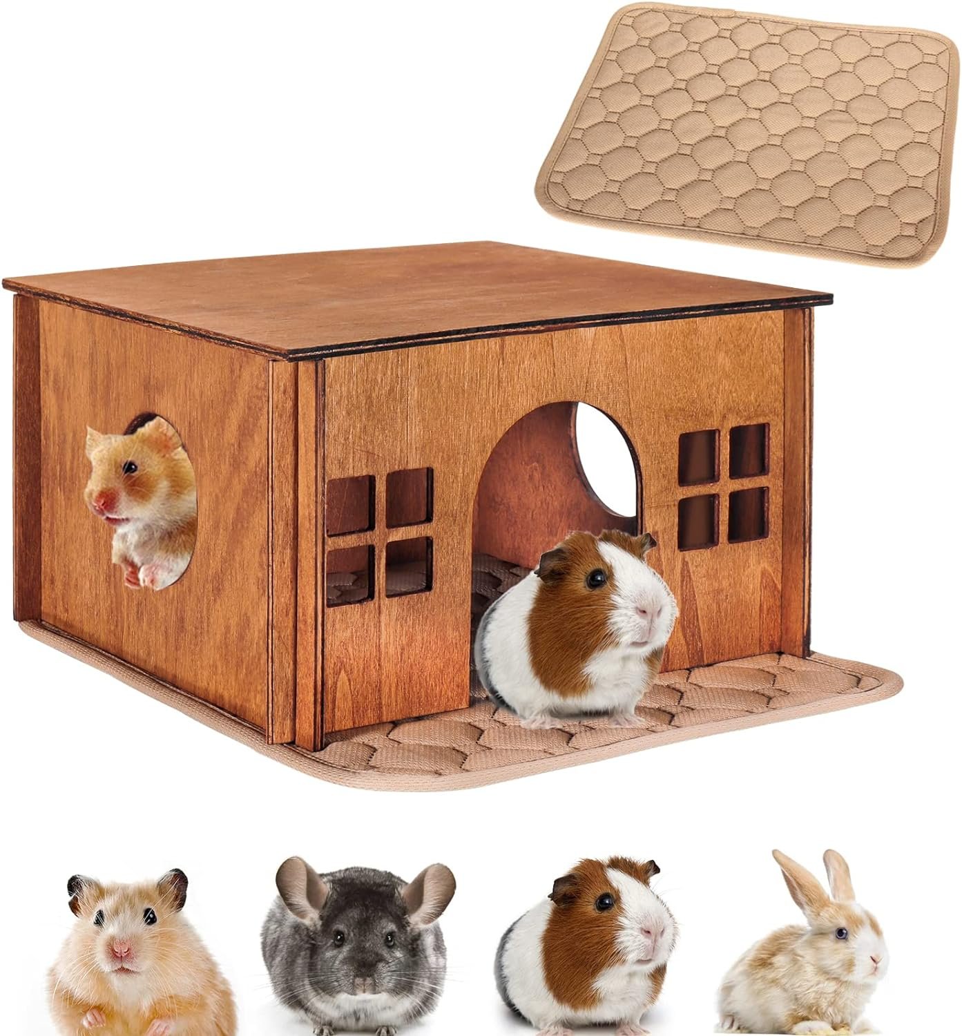 Wooden Guinea Pig Hideout, Small Animal Houses Habitats, Large Hideout House for Small Rabbit Chinchilla Gerbil, Sturdy Hamster Hideout Bed Hutch Bunny Cage