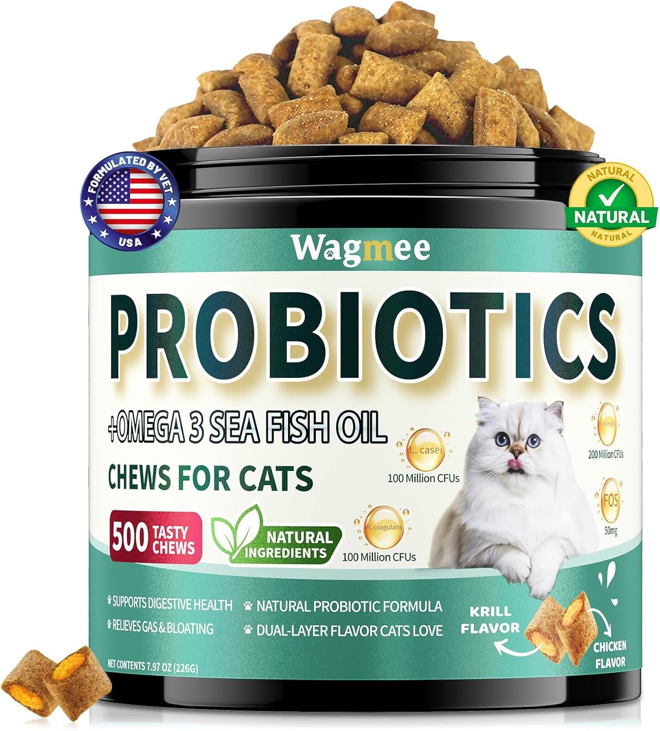 Cat Probiotics Tasty Chews –500 Chews Crunchy & Creamy Texture, Fish Oil Omega-3 Skin & Coat Health Digestive & Gut Support, Constipation Relief, Healthy Stool, Chicken Krill Flavor