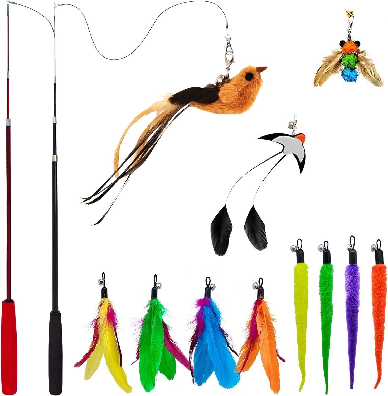 Interactive Cat Wand Toy Set – 2 Retractable Wands (38″ & 50″) with 11 Refills Attachments – Feather Toys, Plush Bird, Worms, Insect & Swallow – Cat Teaser Toys for Indoor Cats & Kittens