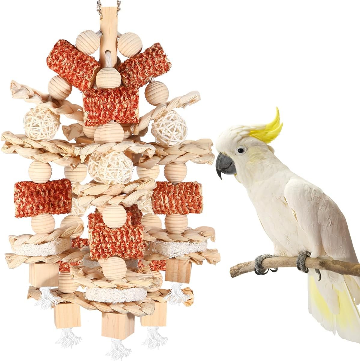 Bird Toys – Natural Corn Cob and Loofah Slices for Large Parrots, Like African Grey, Macaws, Cockatoos and Amazon Parrot – Wooden