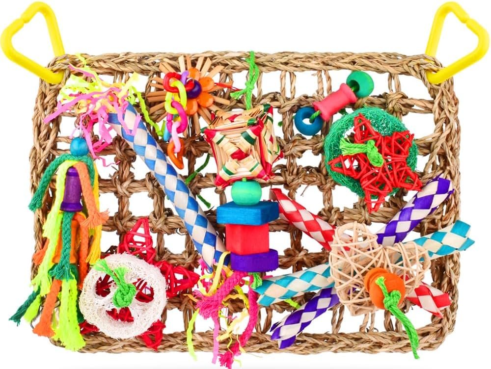 KATUMO Bird Toys, Bird Foraging Wall Toy, Edible Seagrass Woven Climbing Hammock Mat with Colorful Chewing Toys, Suitable for Lovebirds, Finch, Parakeets, Budgerigars, Conure, Cockatiel