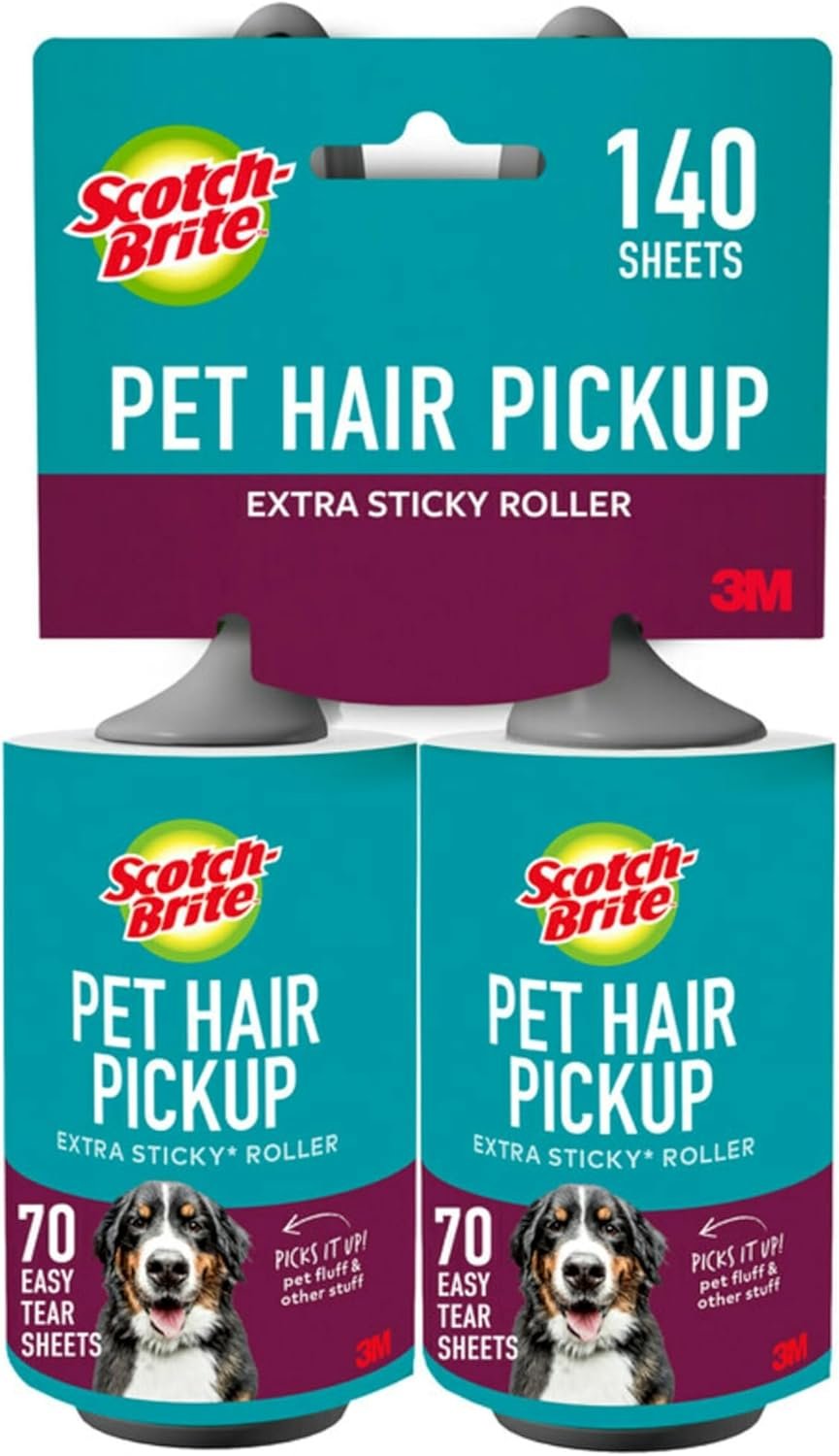 Scotch-Brite Pet Hair Pickup Extra Sticky Lint Roller, Designed for Removing Fur + Fluff on Couches, Clothes, Dog and Cat Beds, & More, 2 Pack, 140 Easy-Tear Adhesive Sheets Total
