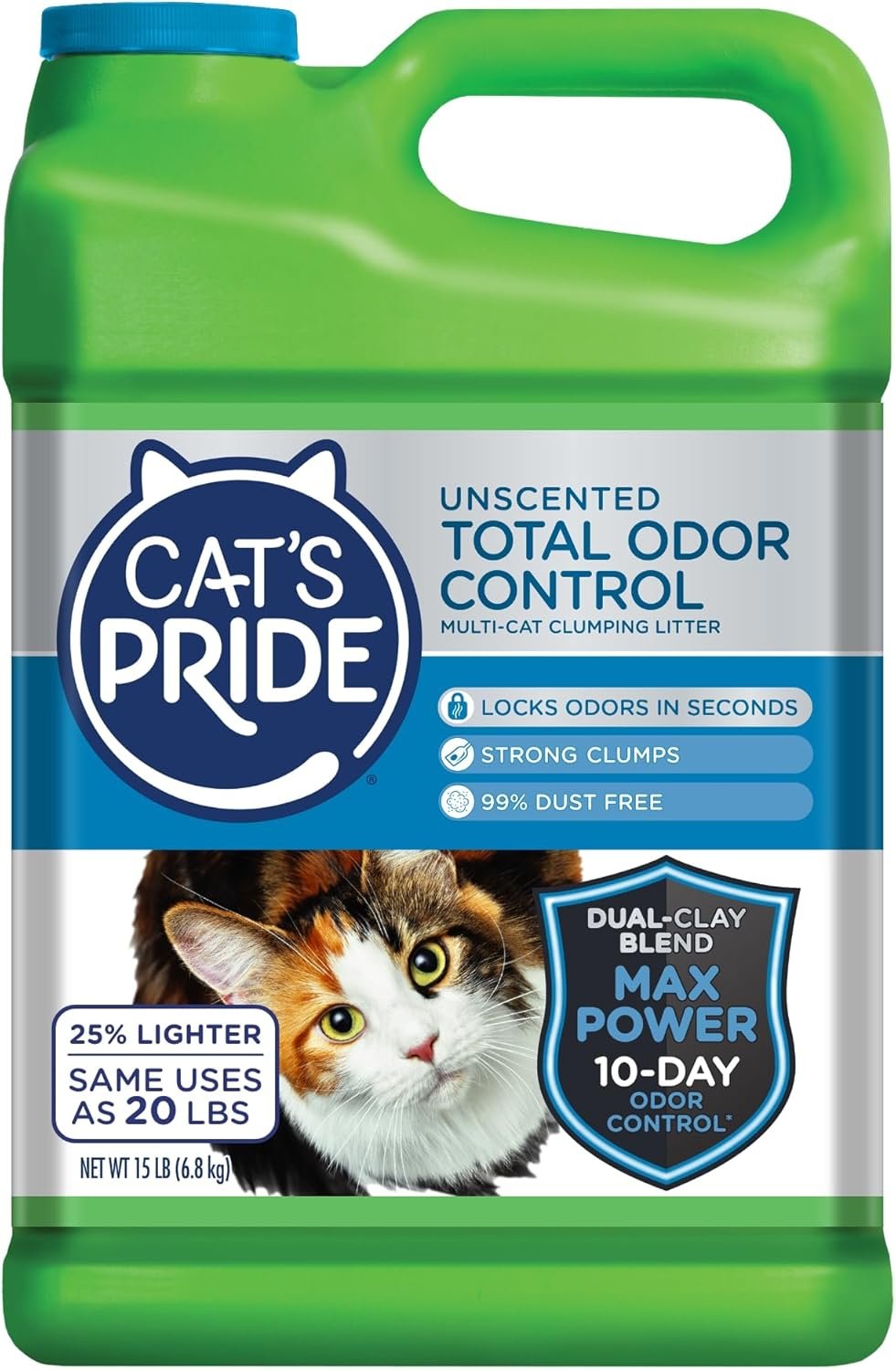 Cat’s Pride Max Power: Total Odor Control – Up to 10 Days of Powerful Odor Control – Strong Clumping – Hypoallergenic – 99% Dust Free – Multi-Cat Litter, Unscented, 15 Pounds
