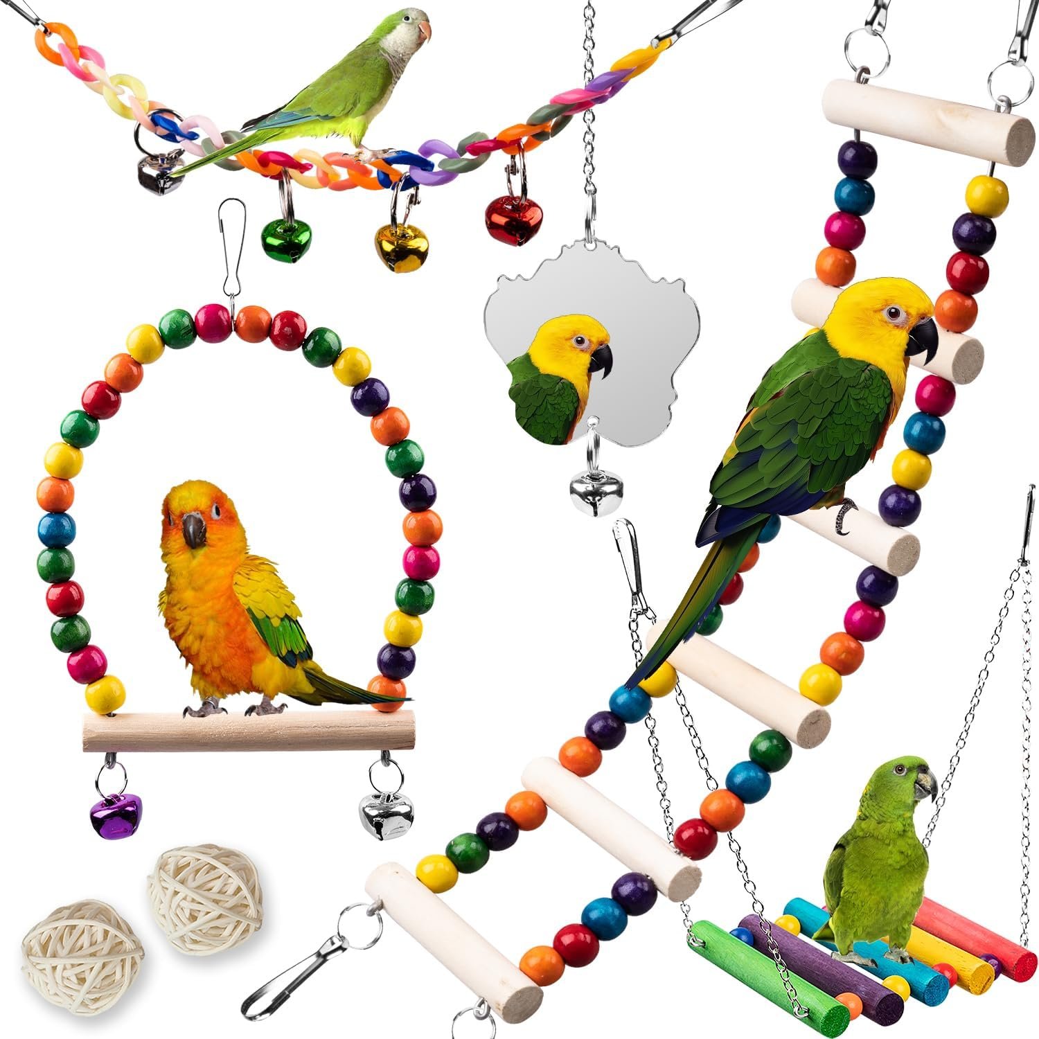 Bird Toys for Parakeets 7Pcs, Wood Parrots Budgie Cage Accessories, Bird Perch Swings for Small Conure Cockatiel Toys, Bird Ladder Swing for Parakeets Climbing 18”