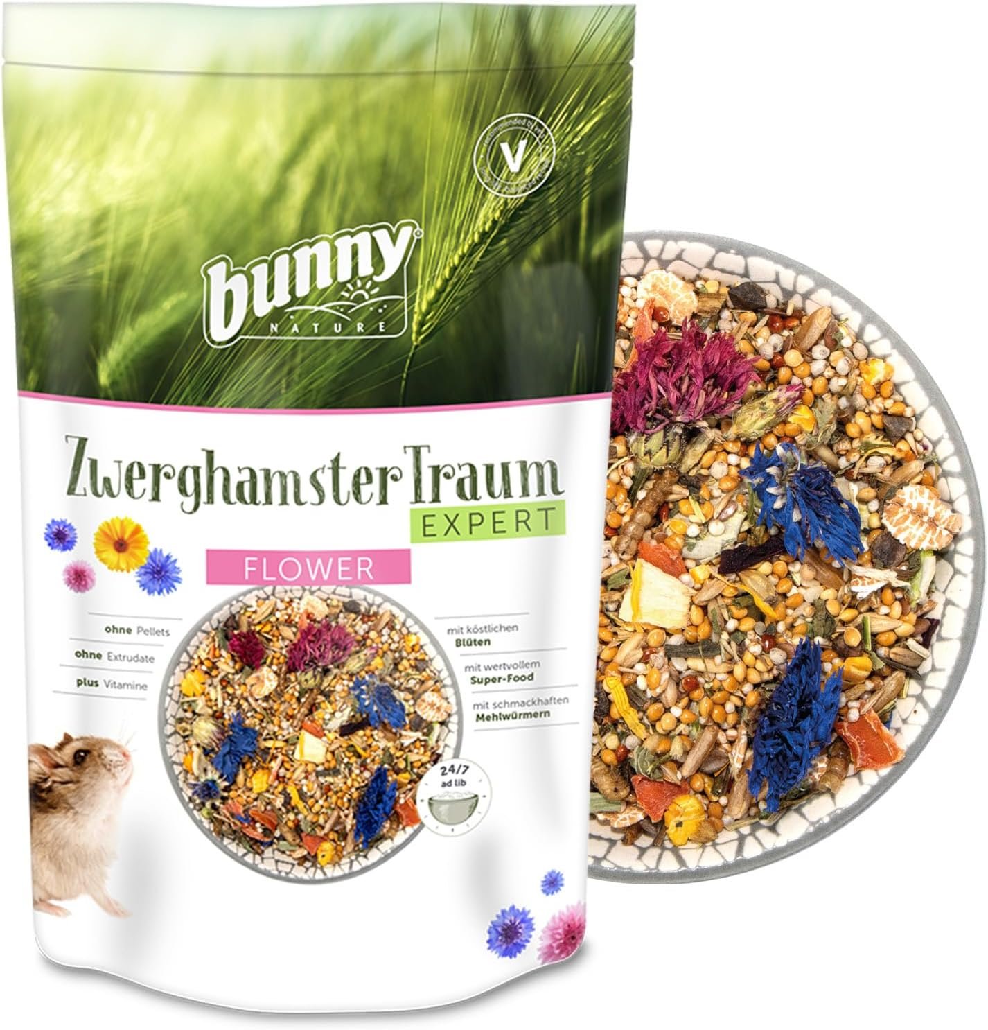 Bunny Nature DwarfhamsterDream Expert Flower – Natural Superfood Dish with Special Mixture of Flowers, Grains, Vegetables & Mealworms – Balanced Nutrition with No Quantity Restriction – 1.1 lbs