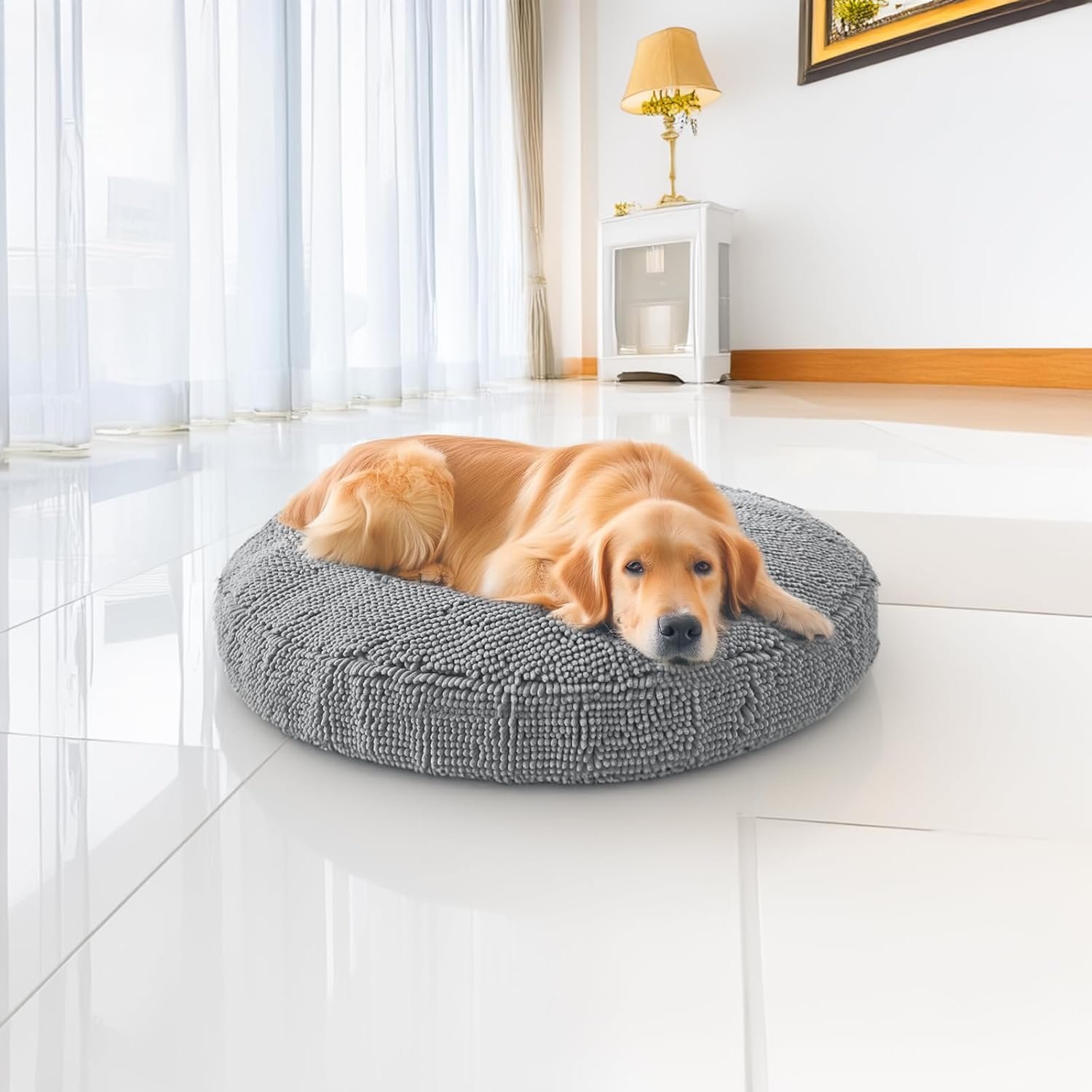 Muddy Mat® Cloud K-9 Bed for Dogs & Cats, Soft & Relaxing Round Dog Bed, Chenille Material, Removable Cover, Washable & Dryer Safe–Grey Large(40’x40′)