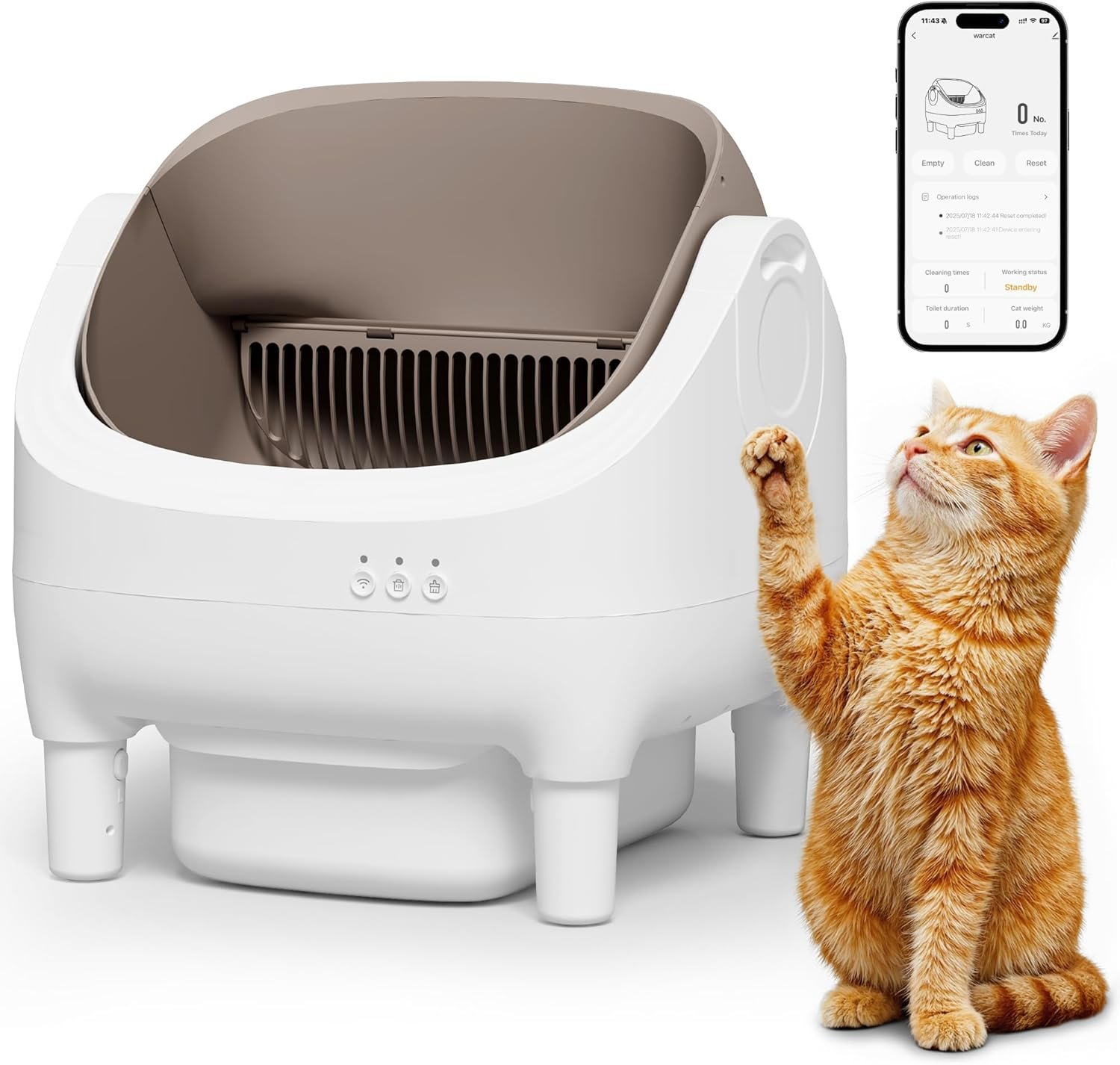 WARCAT Litter Box – Electric Automatic Self Cleaning Cat Litter Box, Open-Top Design, Easy Odor Control, Smart APP Control, 15L Large Waste Bin, Includes Trash Bags & Mat (Brown)