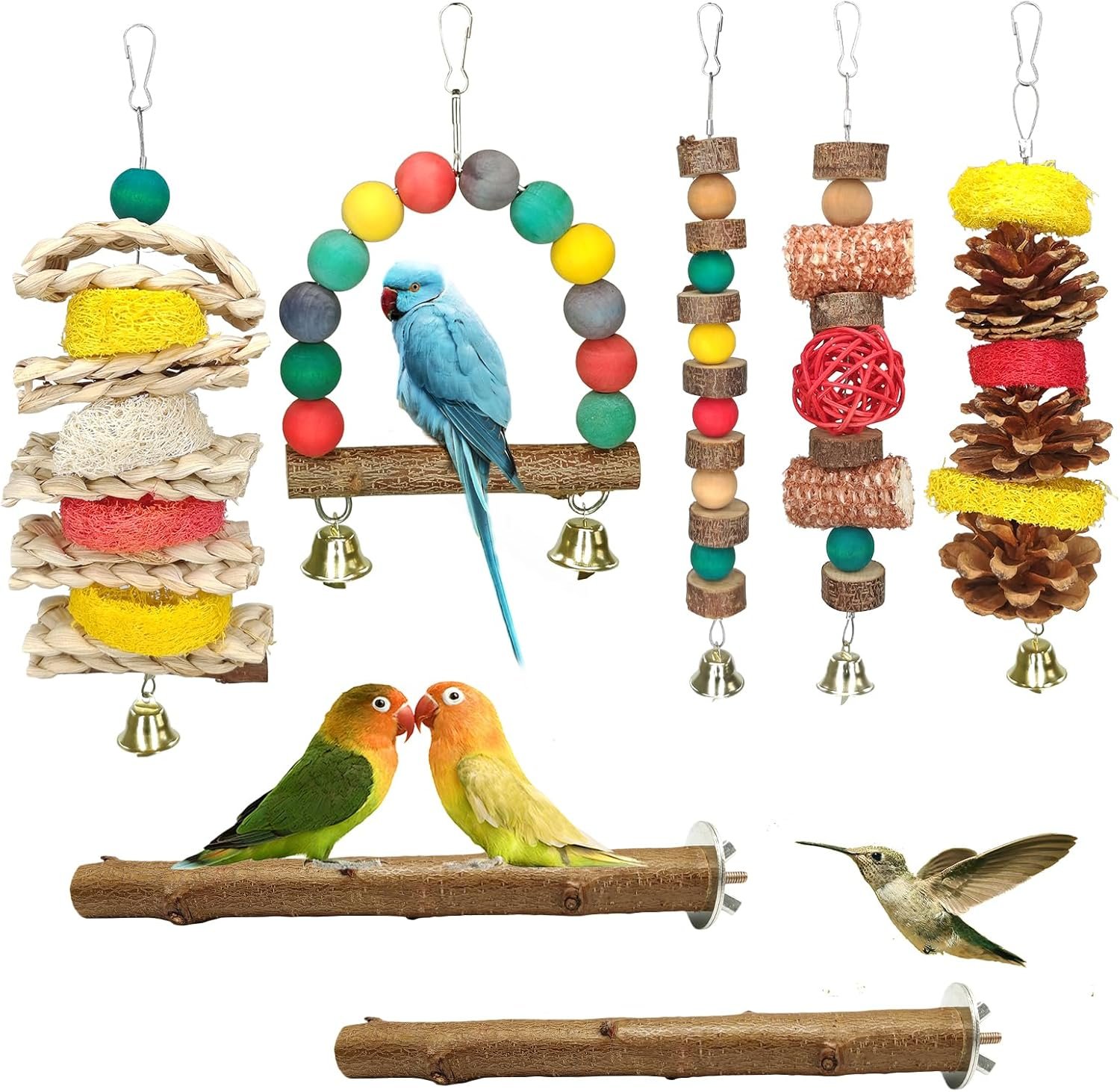 JOREWOOD 7 Pcs Natural Wood Bird Toy & Perch for Parakeets, Cockatiel & Lovebird, Budgie Play Accessory for Small Parrots Indoor Cage