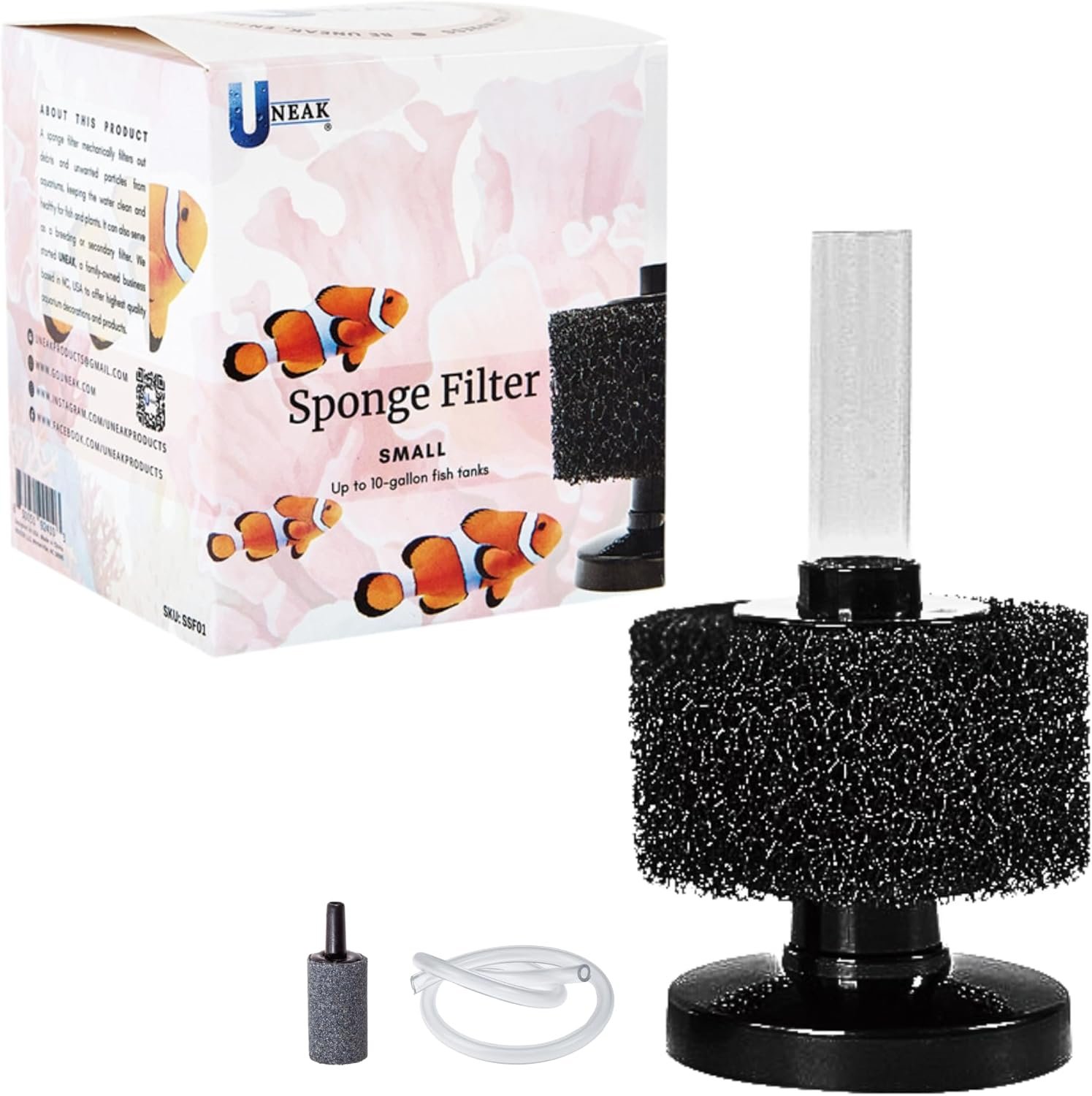 UNEAK Small Aquarium Sponge Filter Fish Tank Silent Filteration Breeding Fry Betta Shrimp Nano Tank Accessories Air Stone 4-inch Airline Tubing up to 10 Gallon