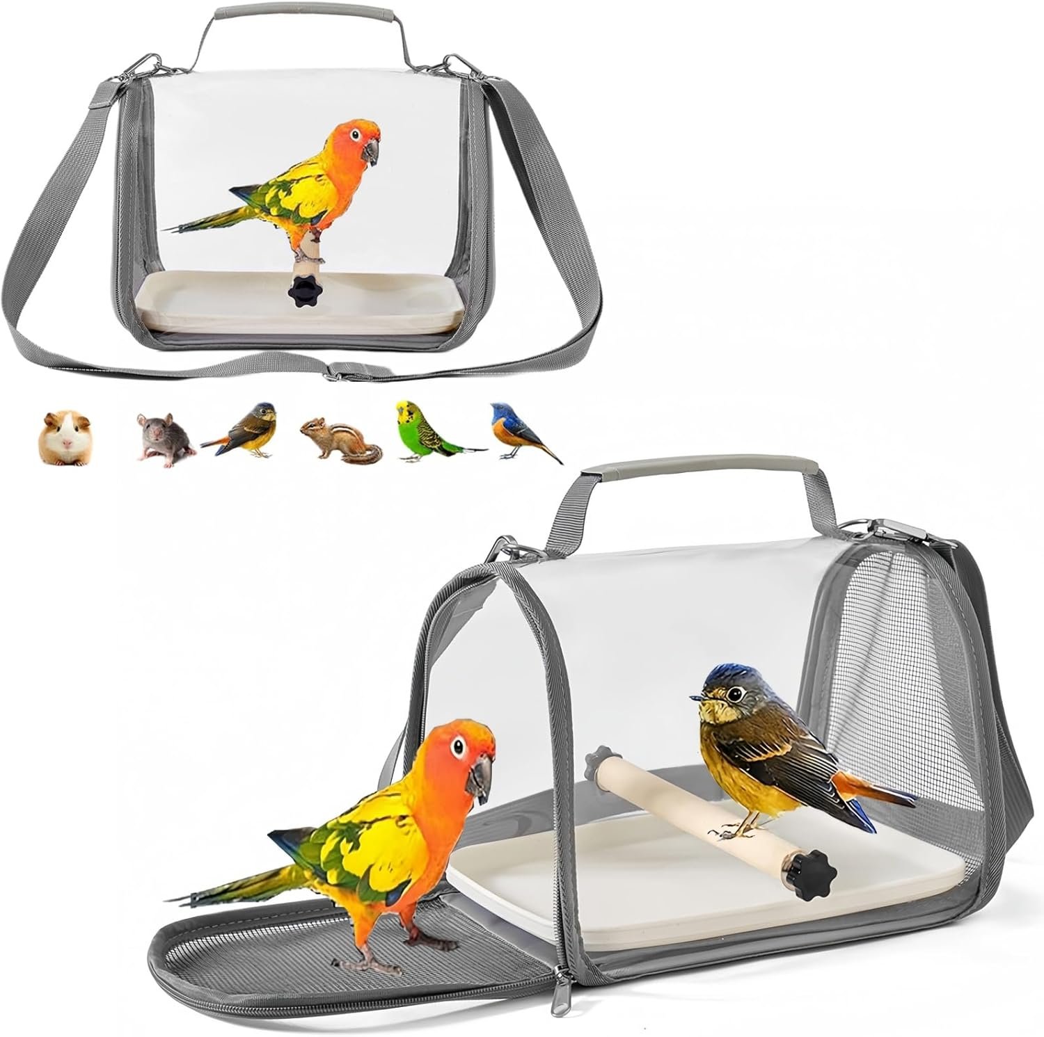 Portable Small Bird Travel Cage Carrier, A Convenient Go Out Solution for Various Birds and Lizard, Featuring a Standing Perch and Comfortable Mat (with Tray).