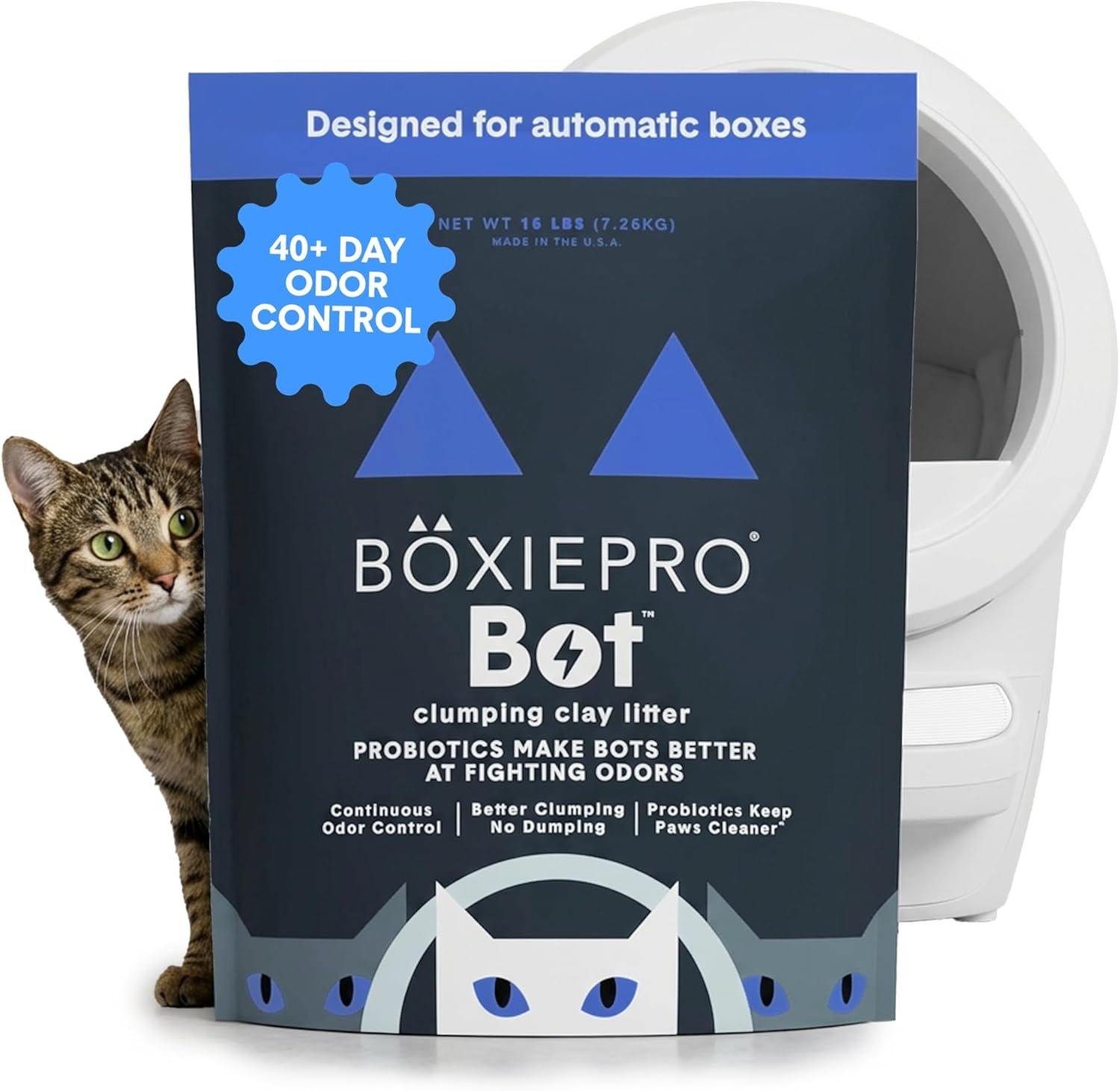 BoxiePro Bot Probiotic Cat Litter for Automatic Litter Boxes, 40+ Day Odor Control, Clumping Clay Kitty Litter, Odor Eliminating Probiotics, Low Dust, No Fragrances, 16 lb