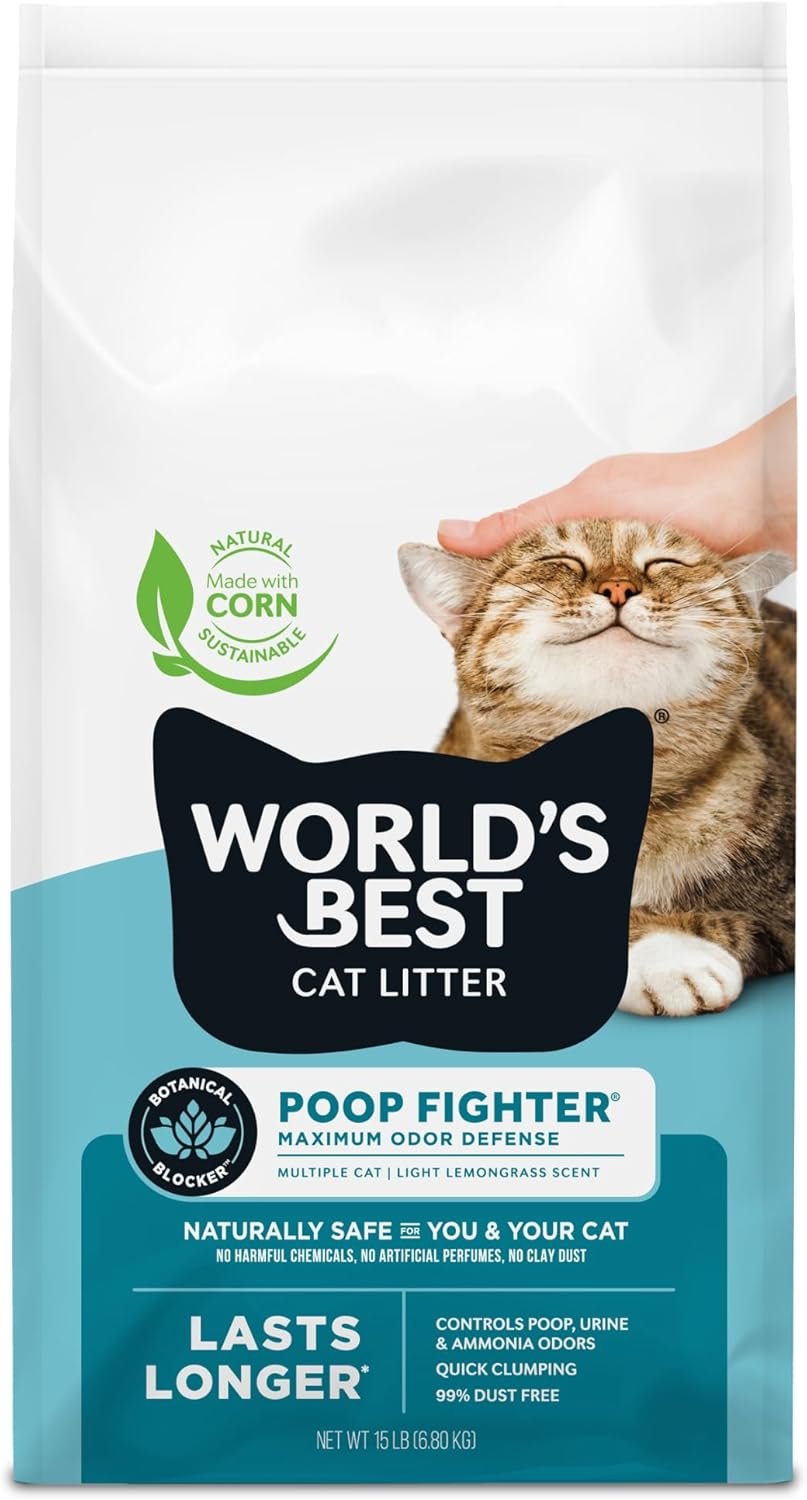 WORLD’S BEST CAT LITTER Poop Fighter Maximum Odor Defense, 15-Pounds – Natural Ingredients, Quick Clumping, Flushable, 99% Dust Free & Made in USA – Long-Lasting Odor Control & Easy Scooping