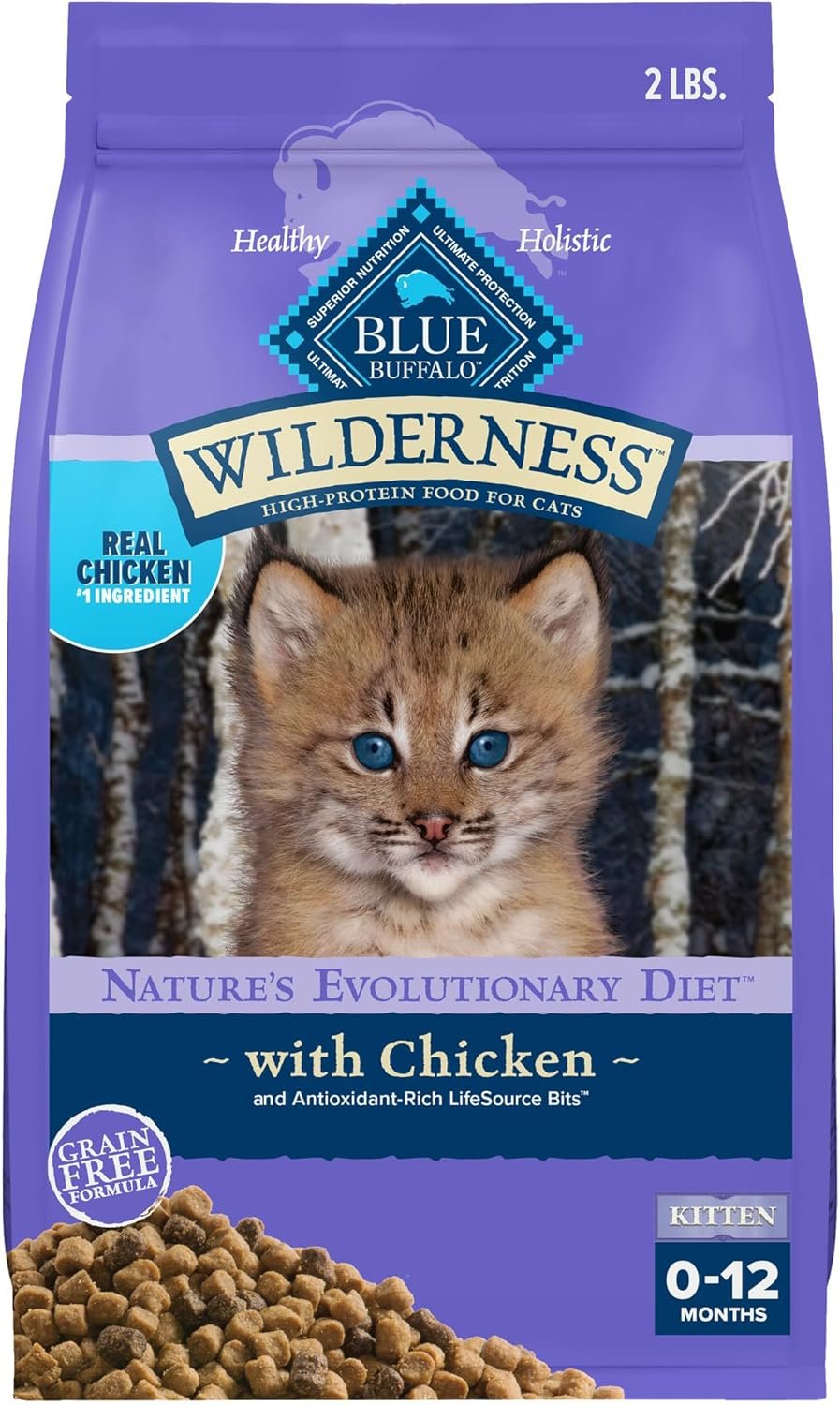 Blue Buffalo Wilderness Natural Kitten Dry Cat Food, with DHA and ARA to Support Brain and Eye Development, High-Protein and Grain-Free Diet, Chicken, 2-lb Bag
