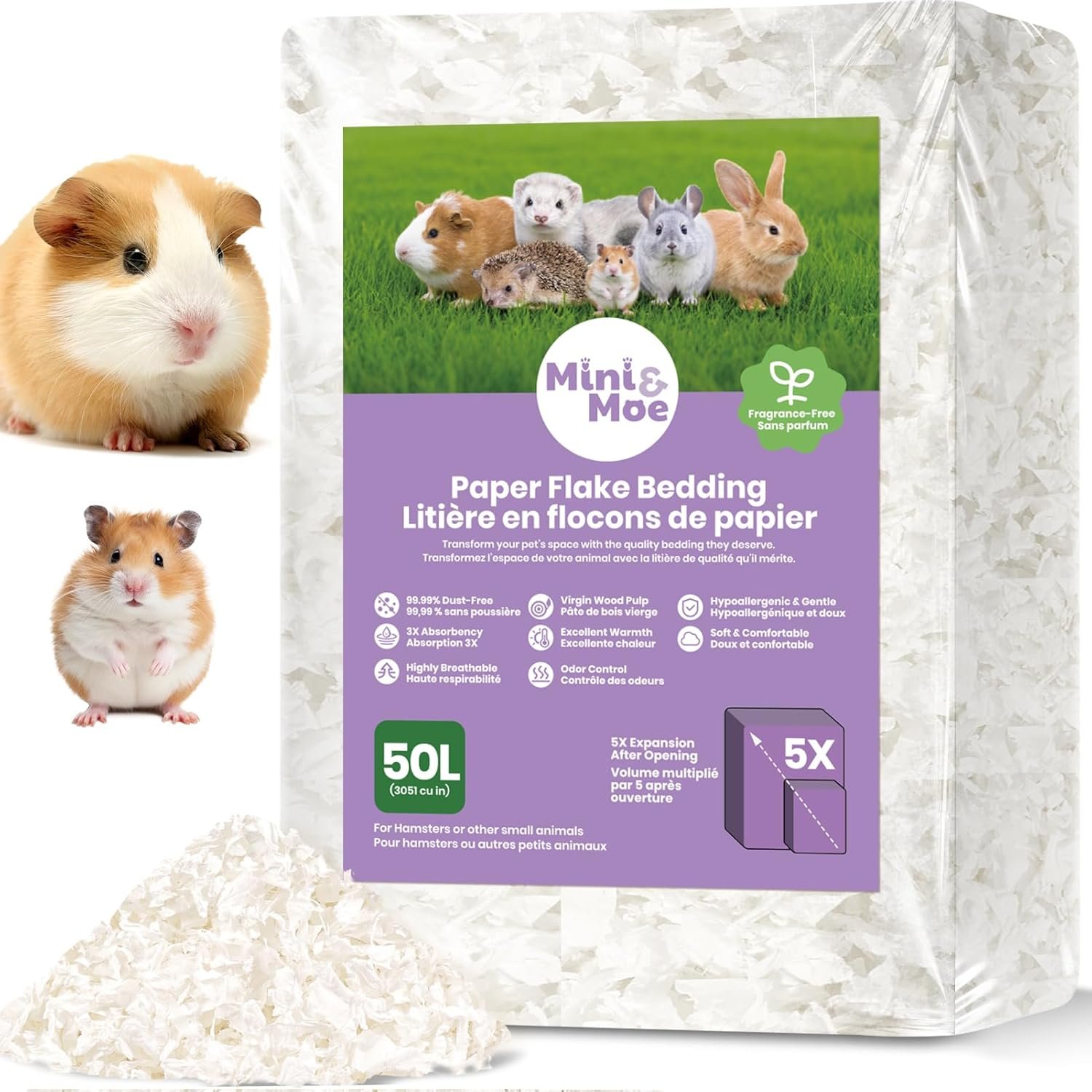 mini&moe Hamster Bedding 50L: Dust-Free and Odor Control Moisture Absorbent Unscented Natural Paper Small Pet Bedding – for Guinea Pigs, Hamsters, Chinchilla,Rabbits,Rat,Ferret, and Gerbil, 50 Liters