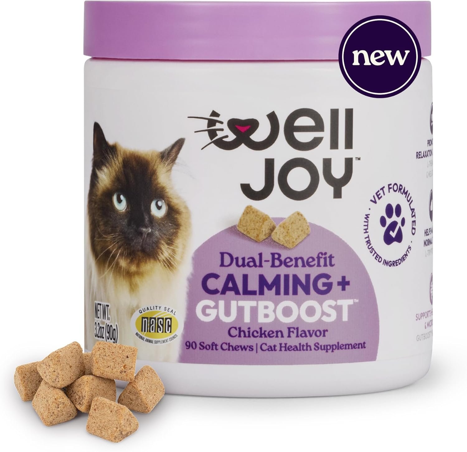 New! WellJoy Cat Supplement Calming+ GutBoost | Cat Health Supplement | Promotes Relaxation & Calmness | Dual-Benefit GutBoost Formulation | Vet Formulated | USA Made | Chicken Flavor | 90 Soft Chews