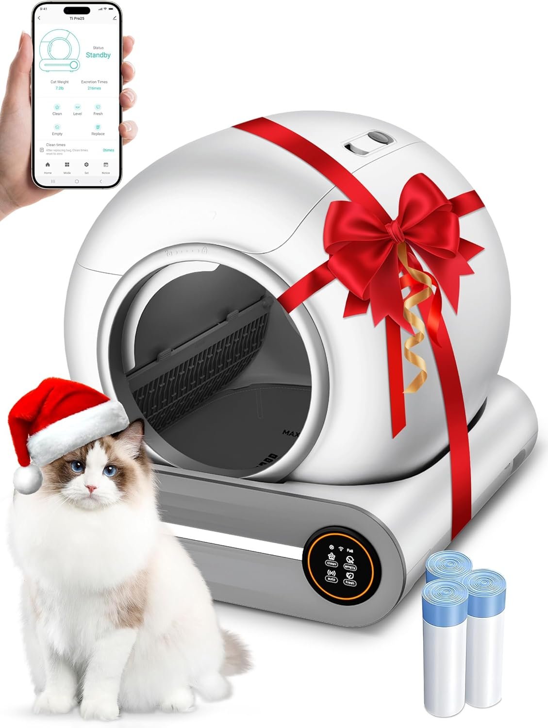 Automatic Litter Box, Upgraded Robot Self Cleaning Litter Box for Multiple Cats, 65L+9L Extra Large, Features Negative ion Sterilization and Deodorization, APP Control, 3 Rolls Litter Bag Liners