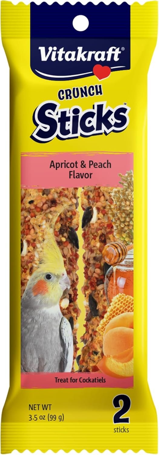 Vitakraft Crunch Sticks Cockatiel Treat Apricot Peach Flavor – Triple Baked Long Lasting Bird Treats with Natural Wood Chew Center for Beak Health and Enrichment – 3.5 oz.
