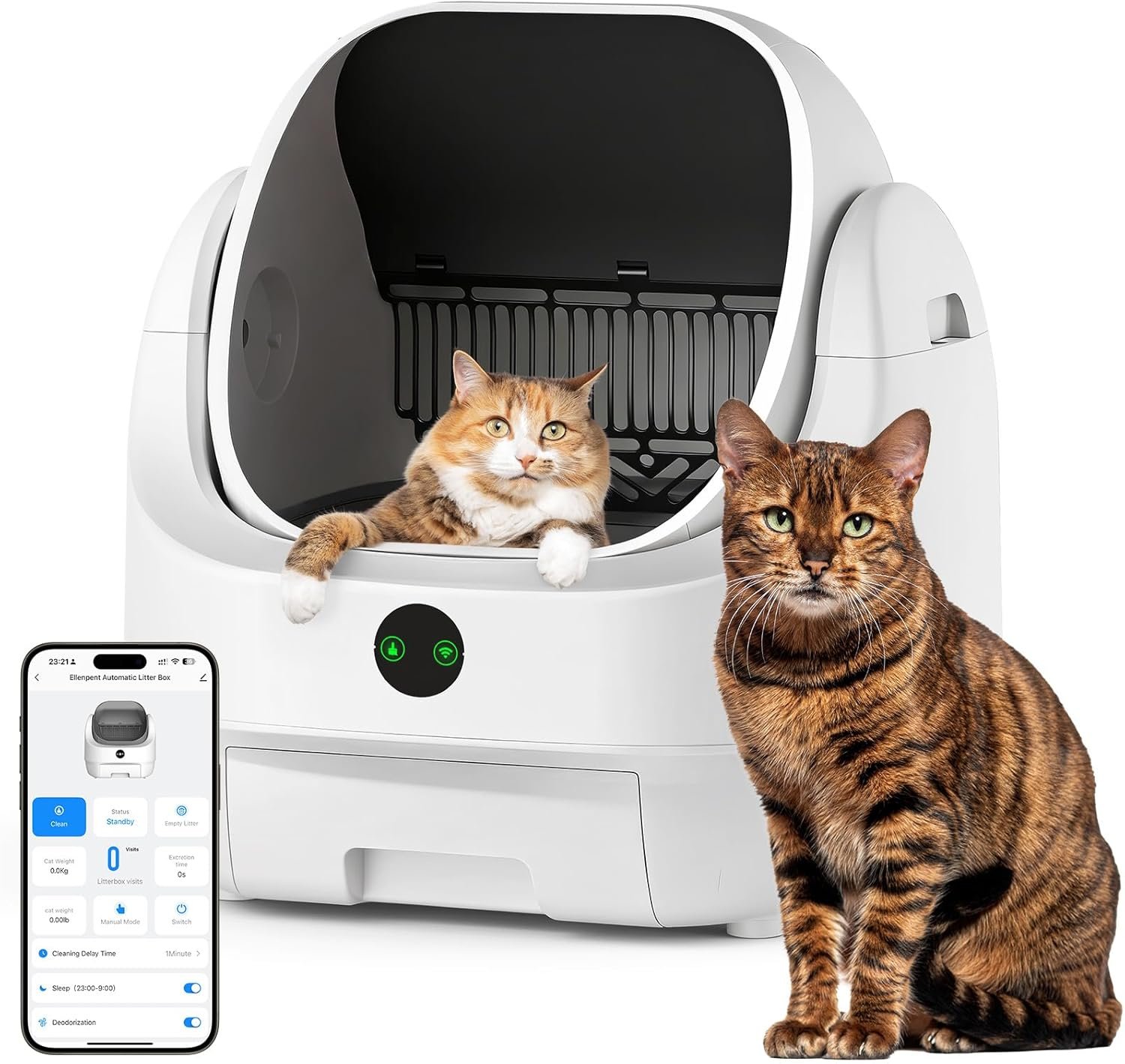 Open Top Automatic Litter Box, Odor Control, Ready to Use, Self Cleaning Litter Box, Large Capacity with APP Control and Safety Sensor, Ellenpent, with Trash Bags/Waterproof Mat/Litter Mat