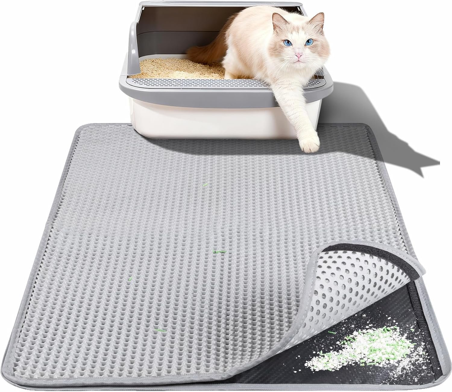 Cat Litter Box Mat for Small Cats, Double Layer Honeycomb Cat Litter Trapping Mats, Waterproof Urine Proof Non-Slip Litter Pad for Indoor Kitty Cat Litter Rug, Easy to Clean Grey (23.6” x 14.9”)