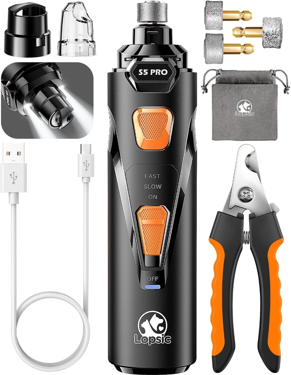 Whisper Quiet Dog Nail Grinder with LED Light, Safe & Stress-Free for Sensitive Dogs of All Breeds & Sizes, 3 Grinding Bits, 3-Speed, Pet Nail Trimmers, Rechargeable Painless Grooming Kit