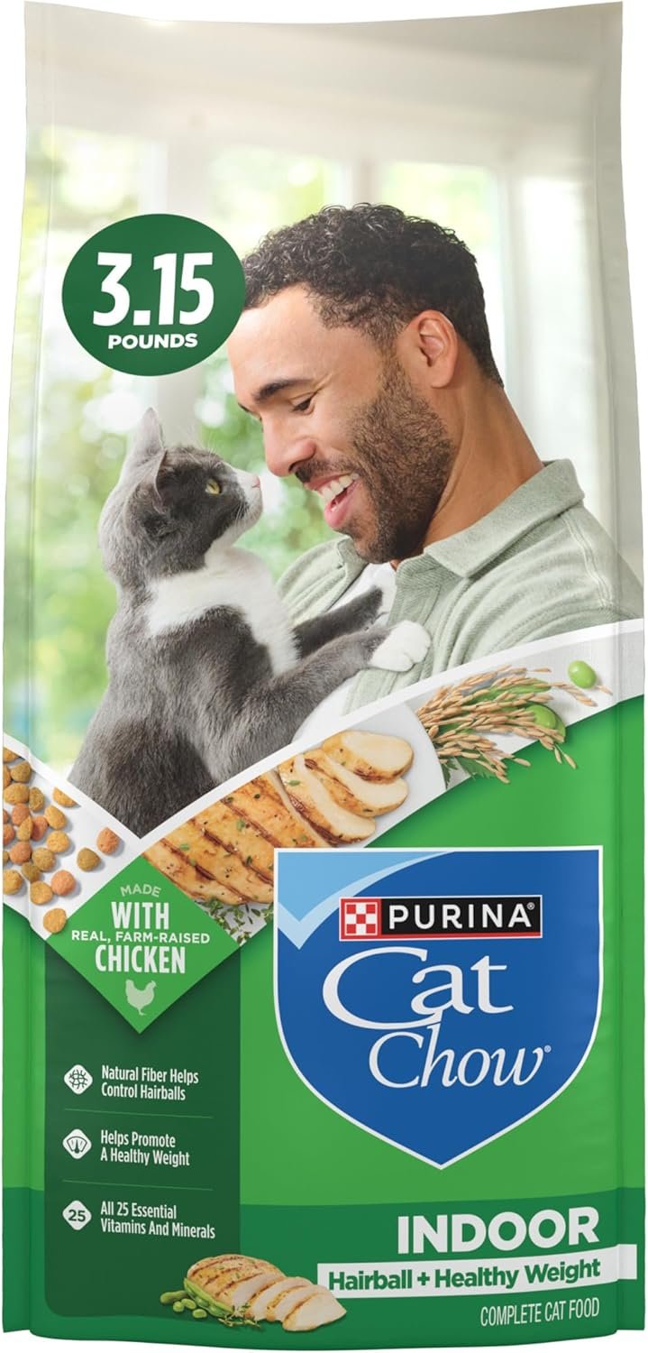 Purina Cat Chow Indoor Healthy Weight and Hairball Dry Cat Food With Chicken – (Pack of 4) 3.15 lb. Bags