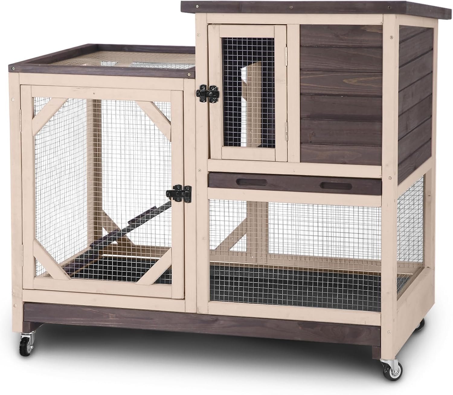 GUTINNEEN Rabbit Hutch Indoor 2 Story with 3 Doors, Outdoor Bunny Cage with Movable Wheels and Easy Clean Trays for Guinea Pig Cage 40.6″ L